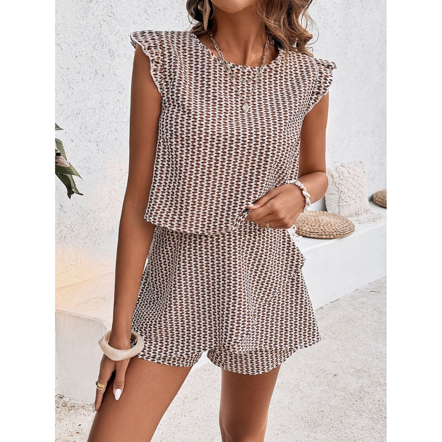 Printed Round Neck Top and Layered Shorts Set