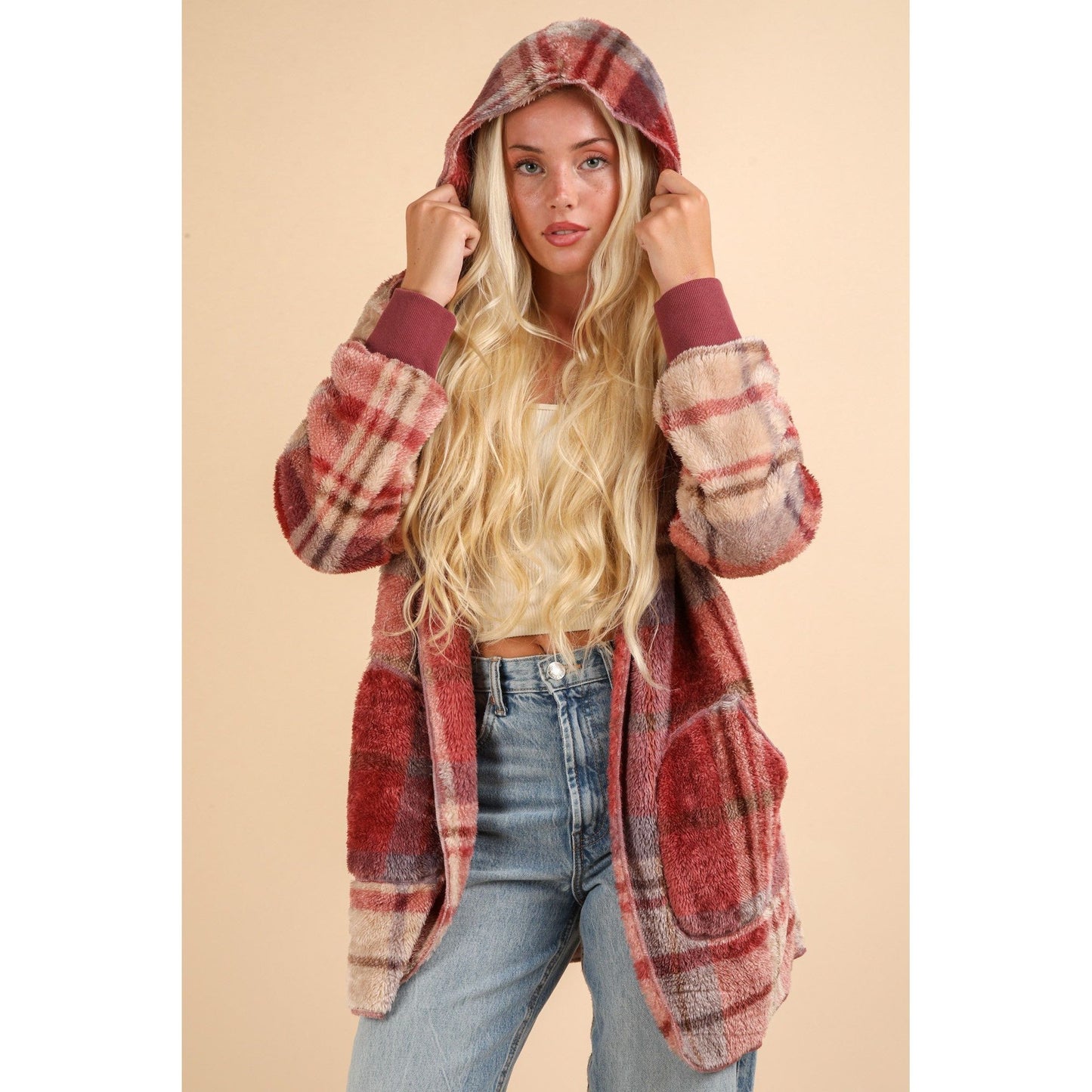 VERY J Fuzzy Plaid Long Sleeve Hooded Jacket