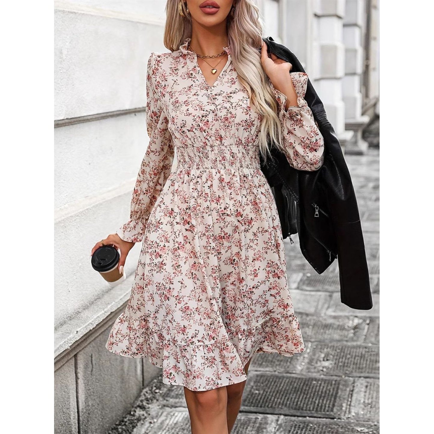 Ruffle Hem Floral Surplice Long Sleeve Dress