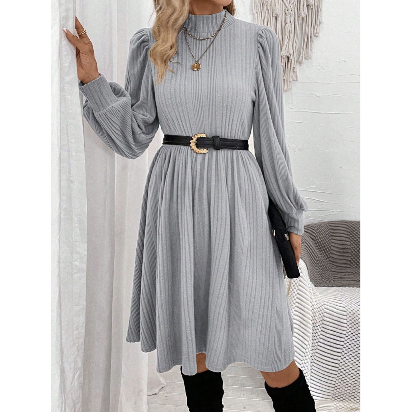 Textured Turtleneck Long Sleeve Dress