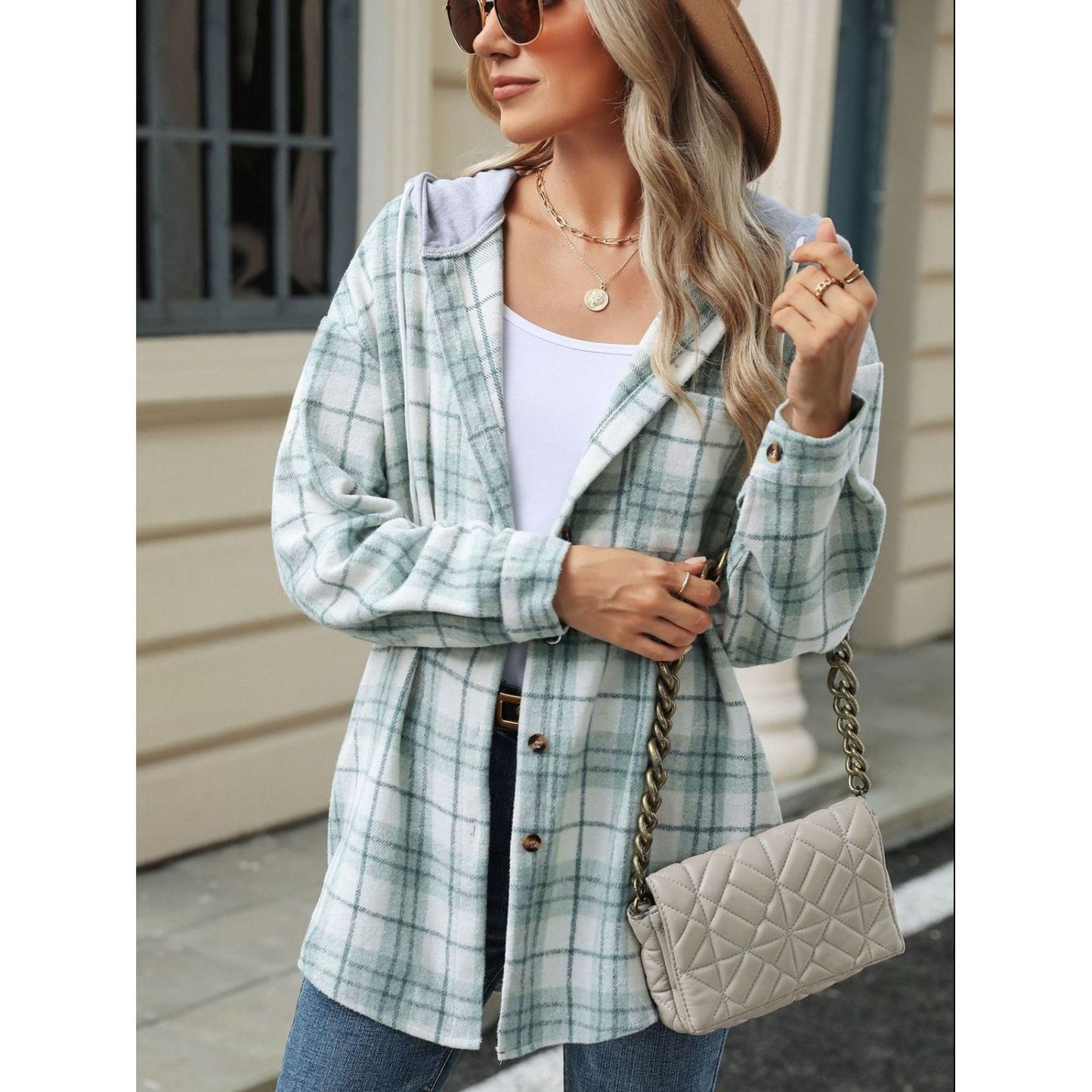 Drawstring Plaid Button Up Hooded Jacket