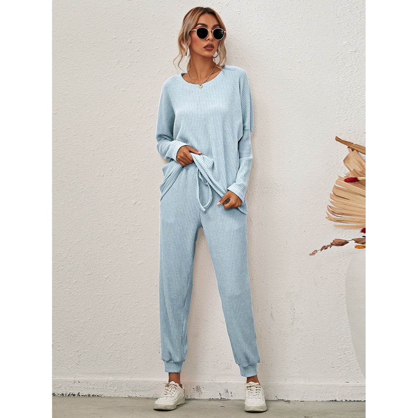 Round Neck Dropped Shoulder Top and Joggers Lounge Set