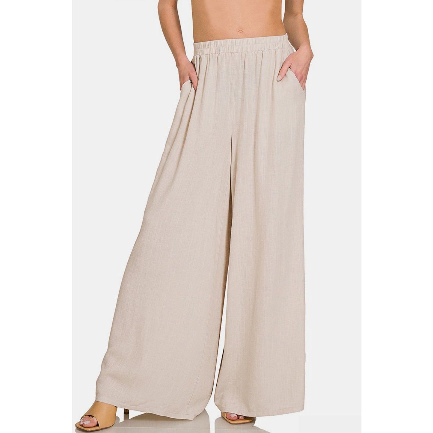 Zenana Pleated Linen Blend Wide Leg Pants