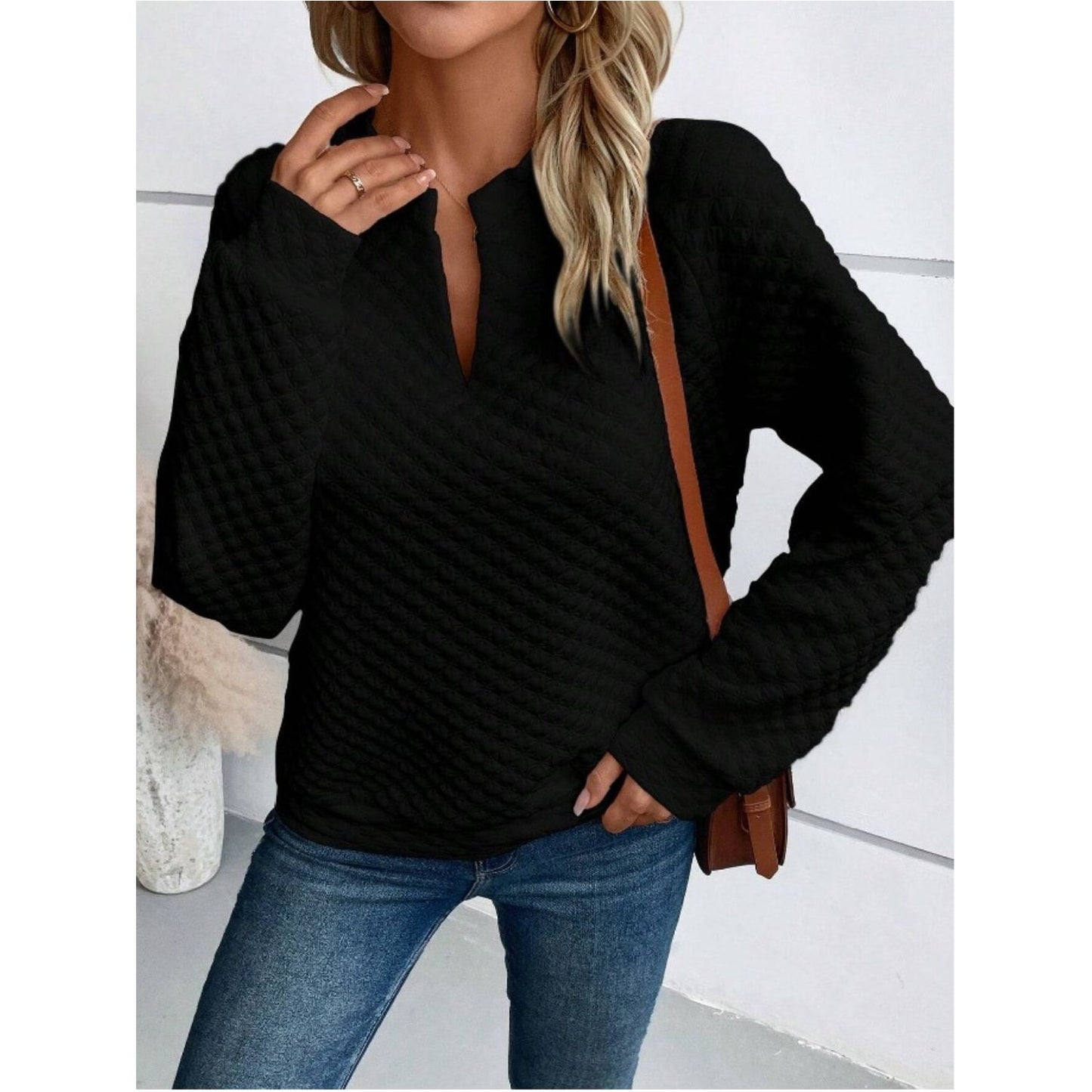 Notched Long Sleeve Sweatshirt