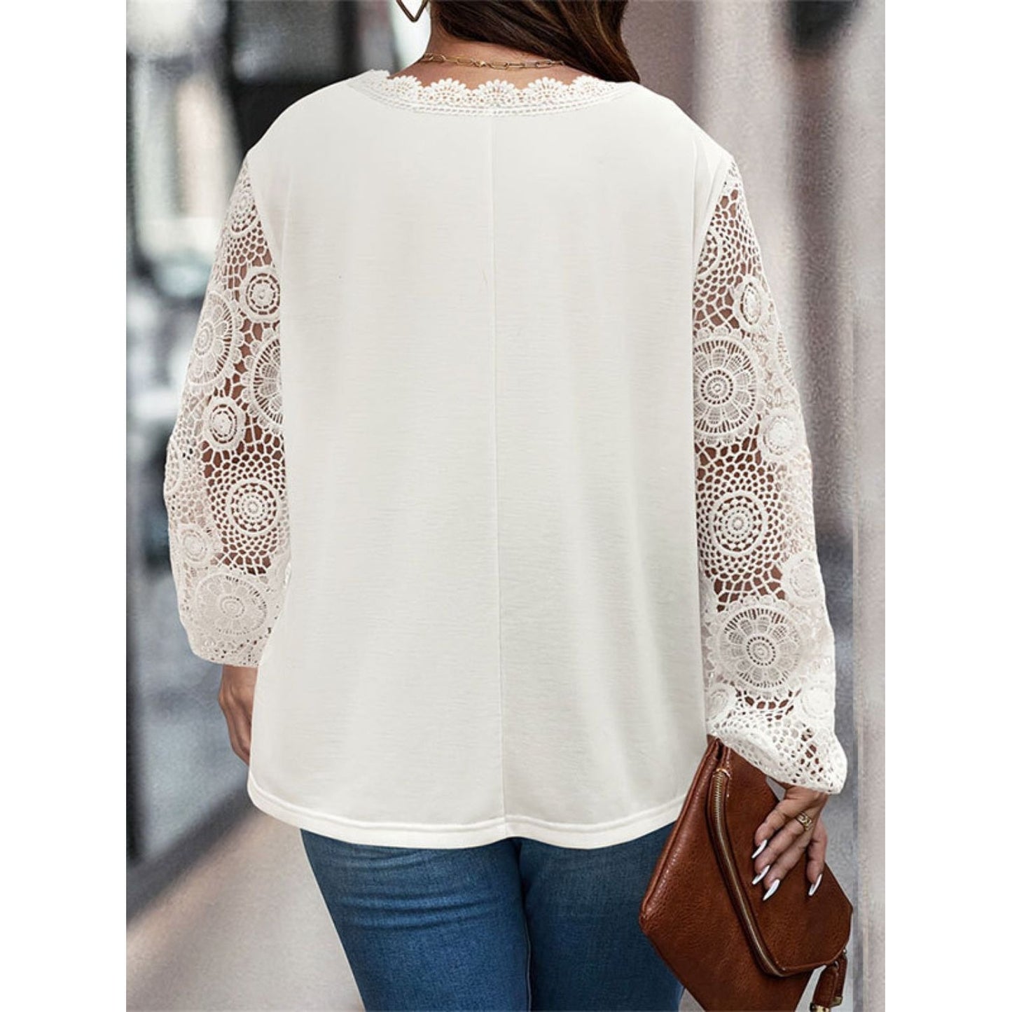 Plus Size Lace Detail V-Neck Long Sleeve T-Shirt