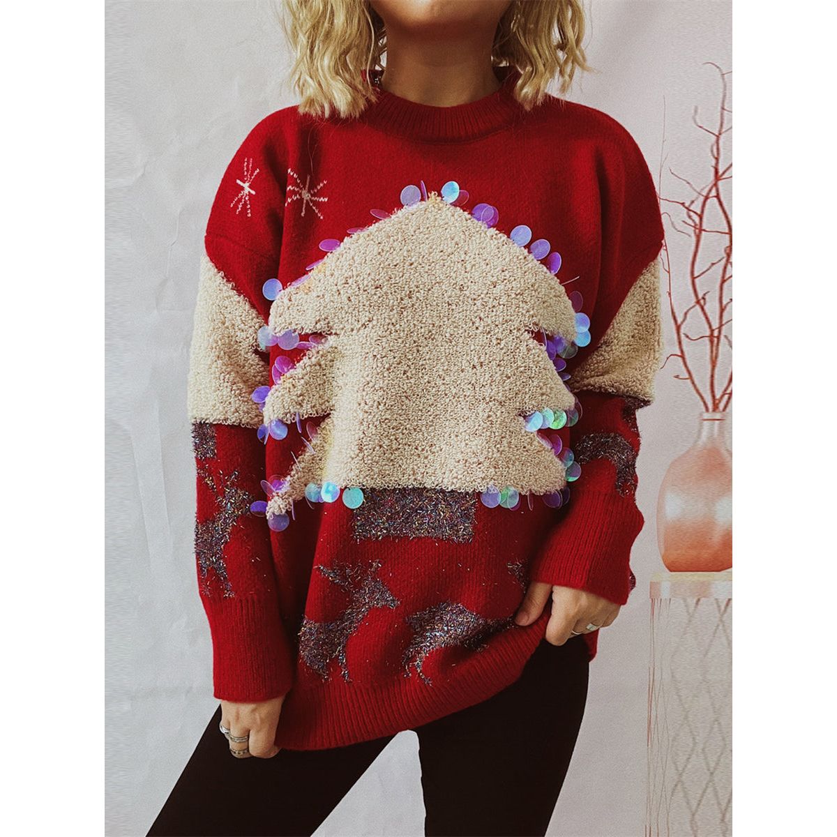 Sequin Christmas Tree & Reindeer Round Neck Sweater