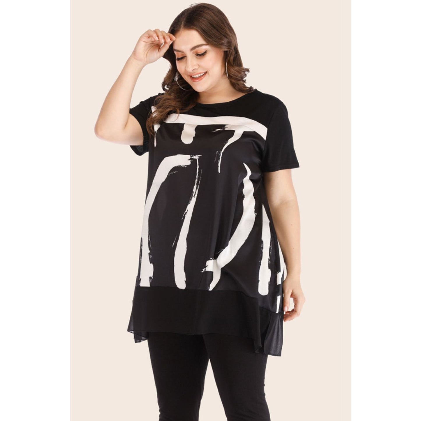 Plus Size Contrast Spliced Mesh T-Shirt and Cropped Leggings Set