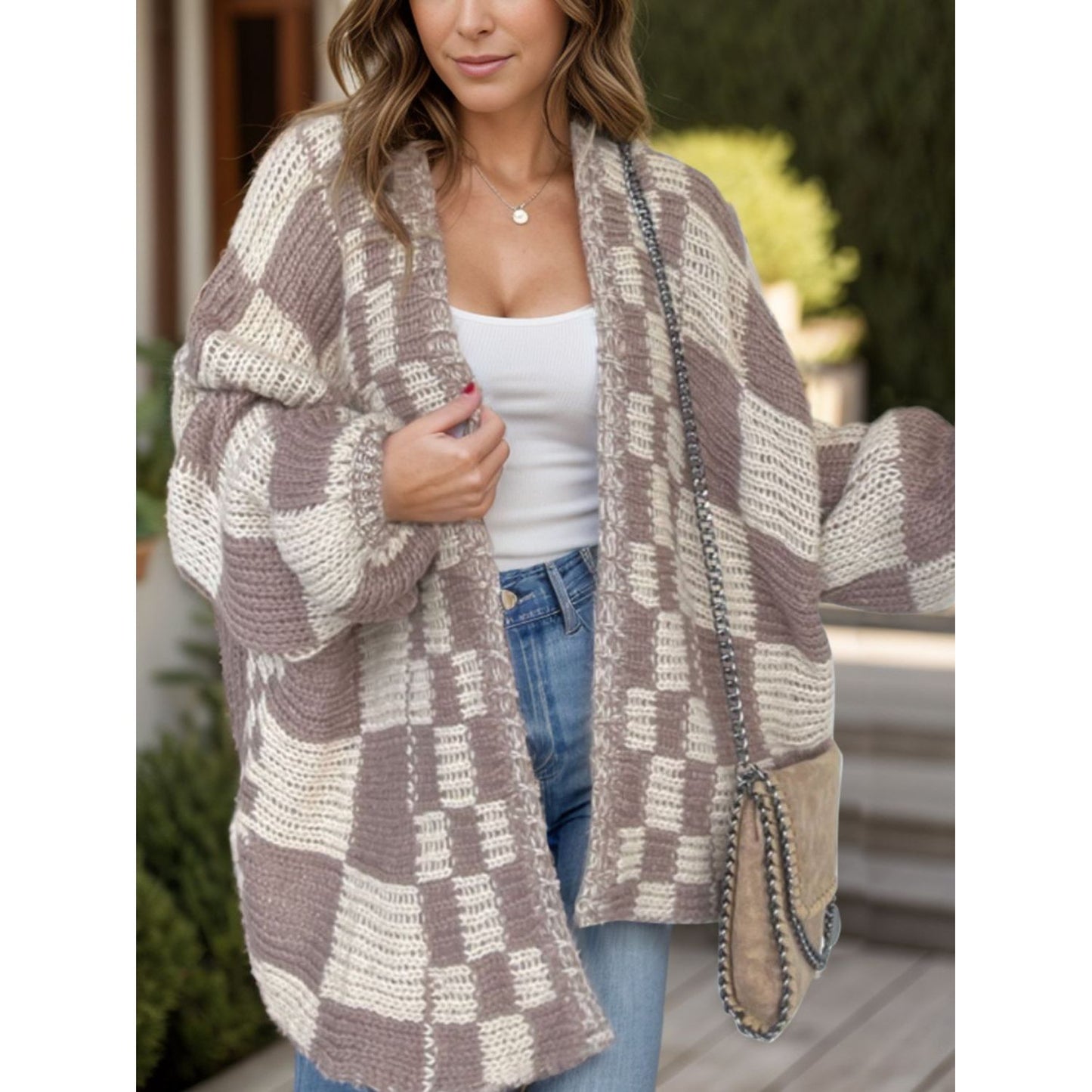 Plaid Open Front Long Sleeve Cardigan