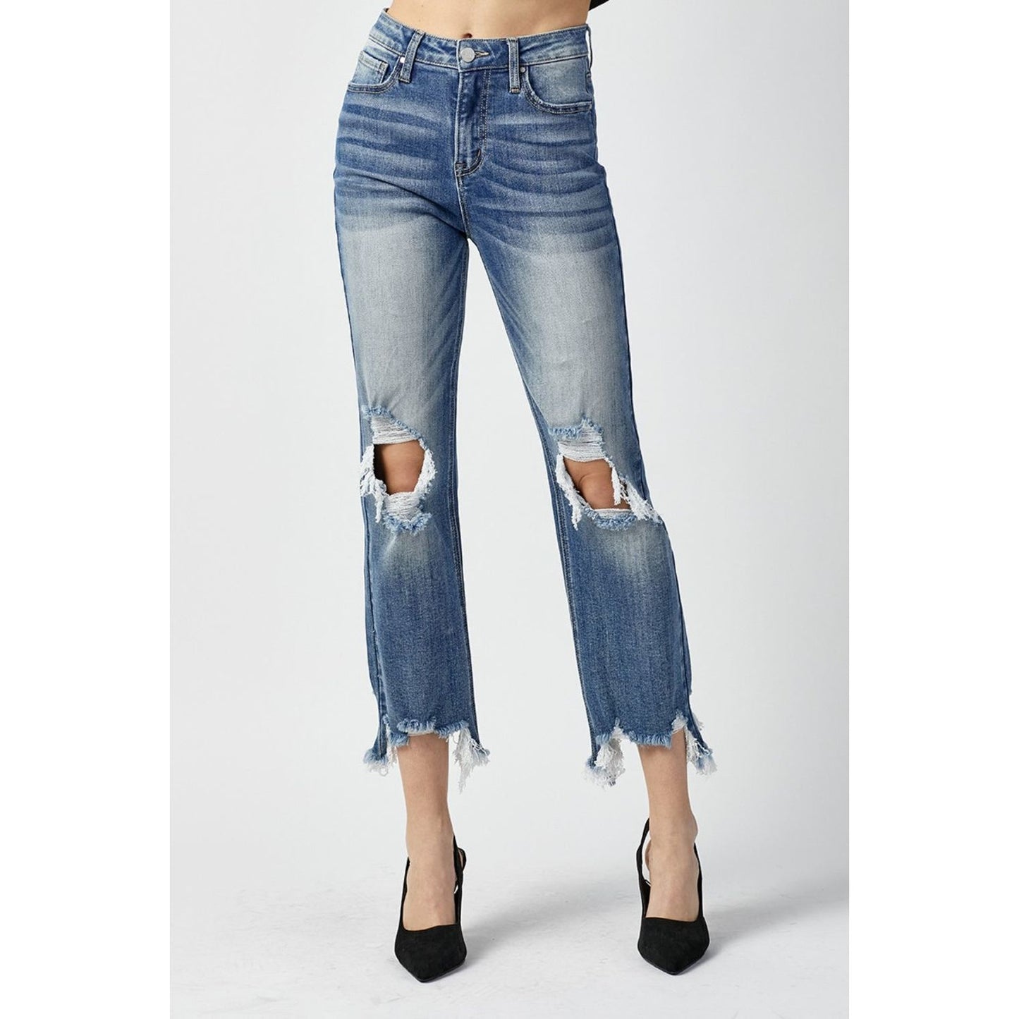 RISEN High Waist Distressed Frayed Hem Cropped Straight Jeans