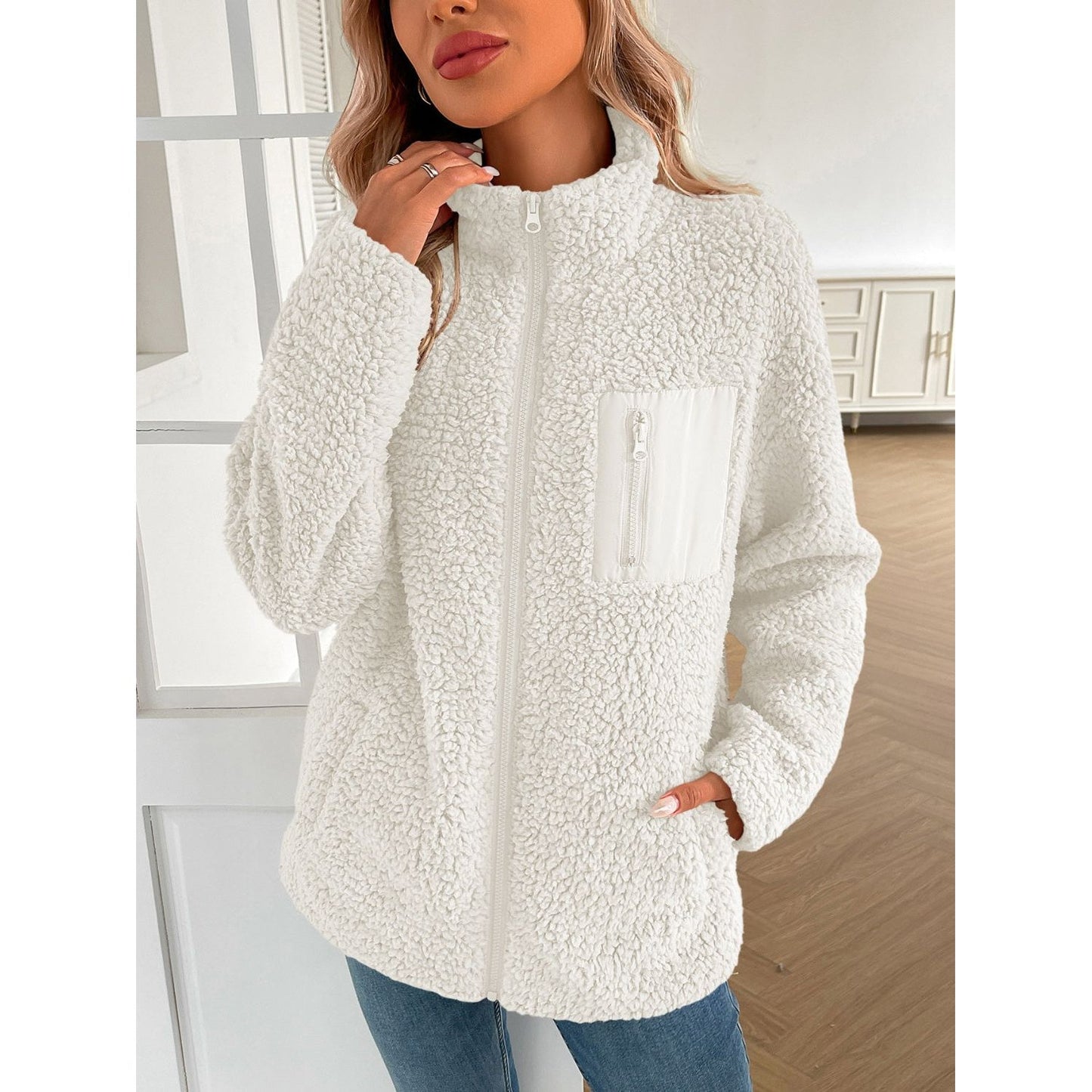 Ivy Lane Zip Up Long Sleeve Fuzzy Jacket