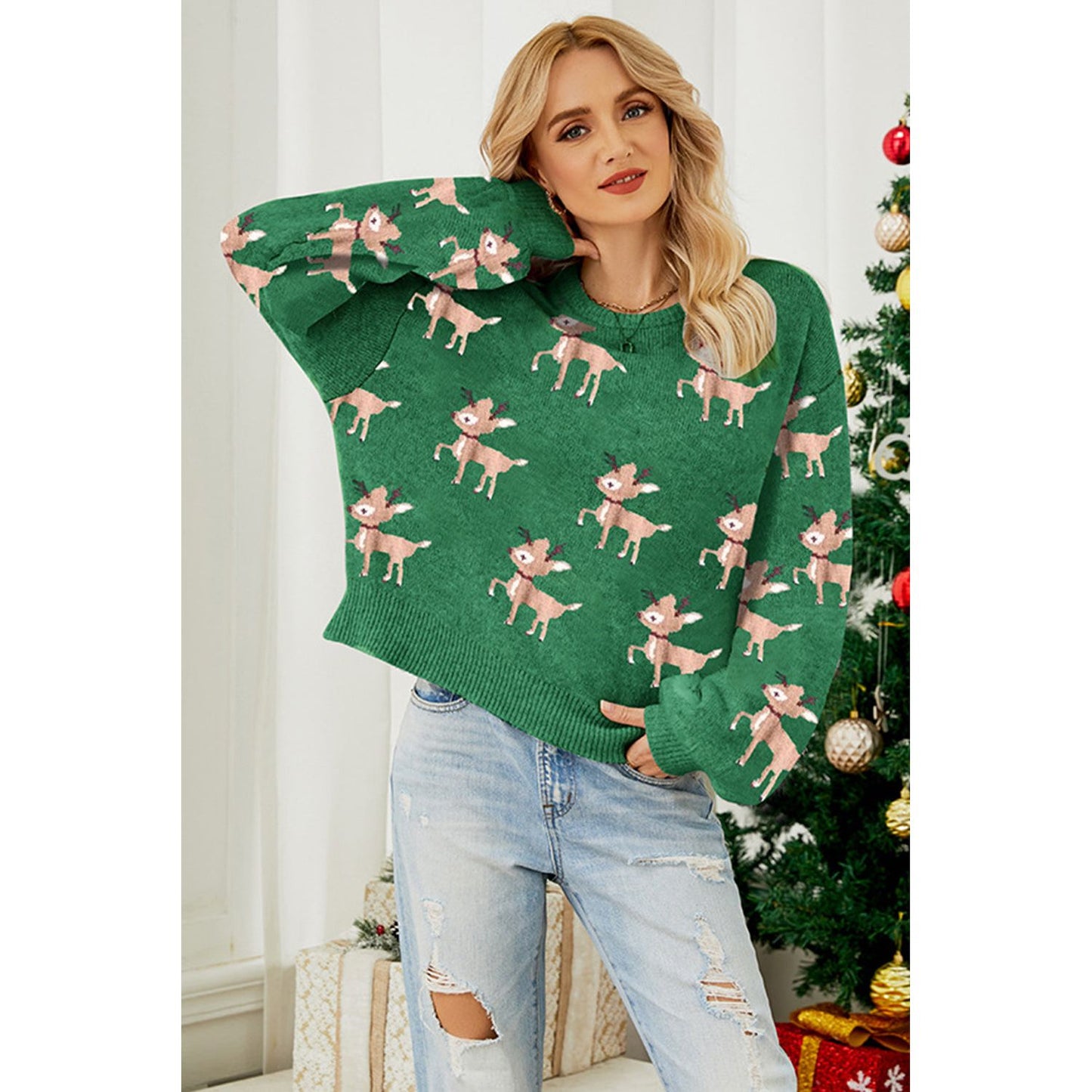 Reindeer Round Neck Drop Shoulder Sweater