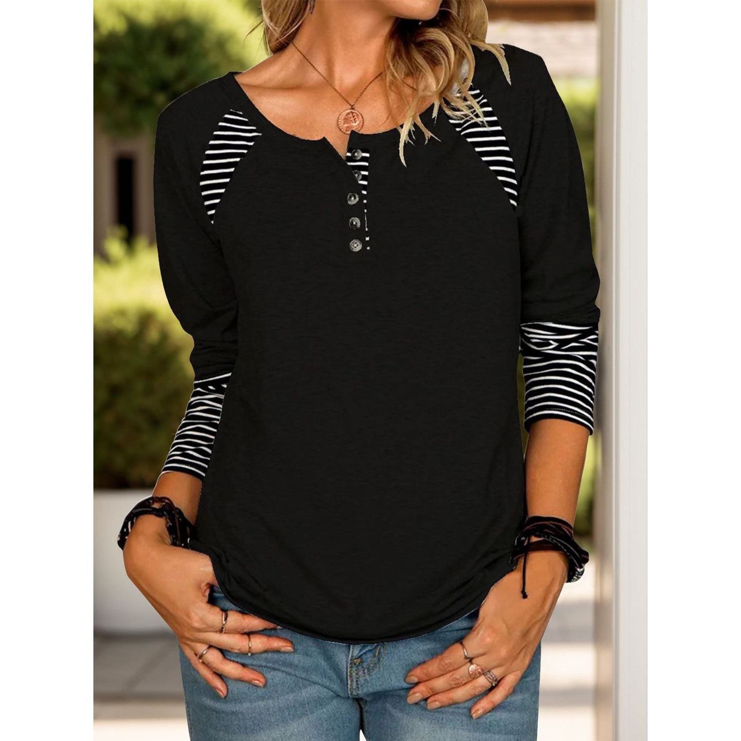 Full Size Striped Quarter Button Long Sleeve T-Shirt