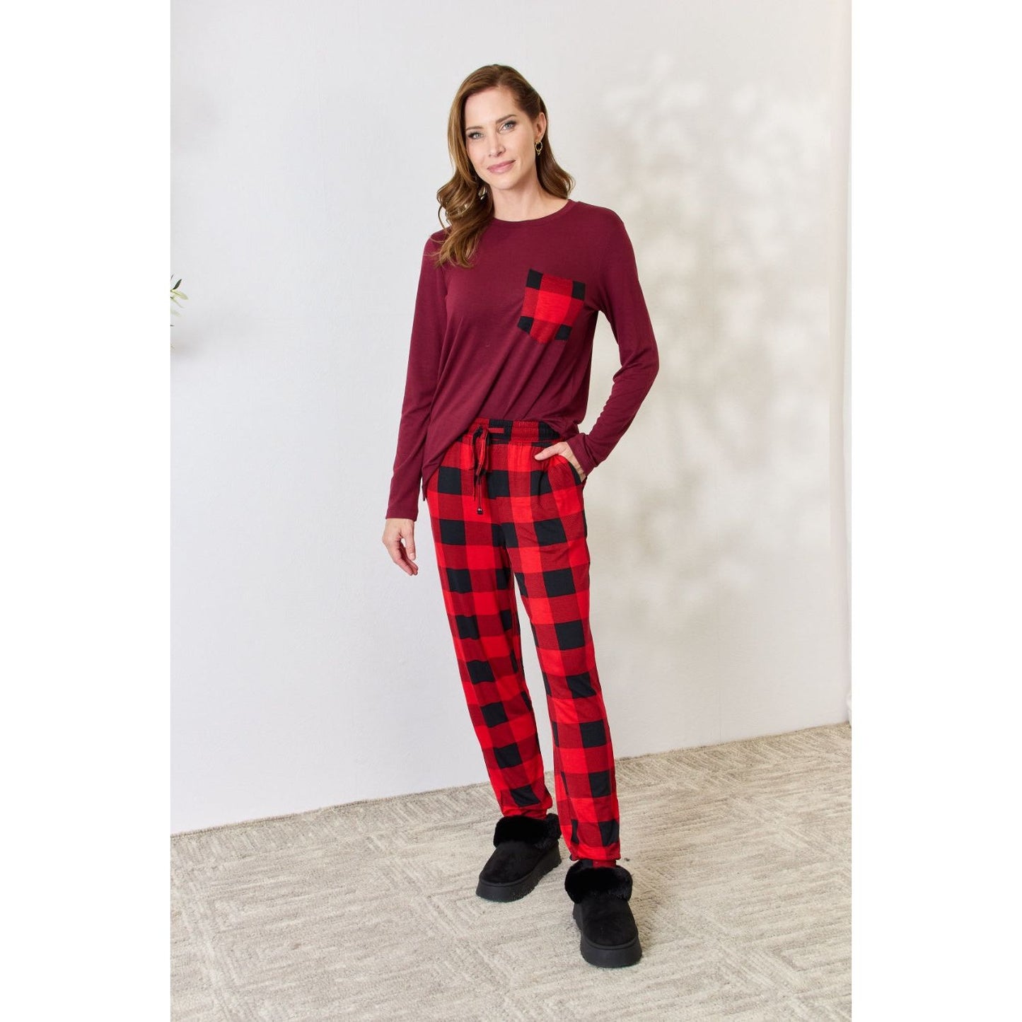 Zenana Full Size Plaid Round Neck Top and Pants Pajama Set