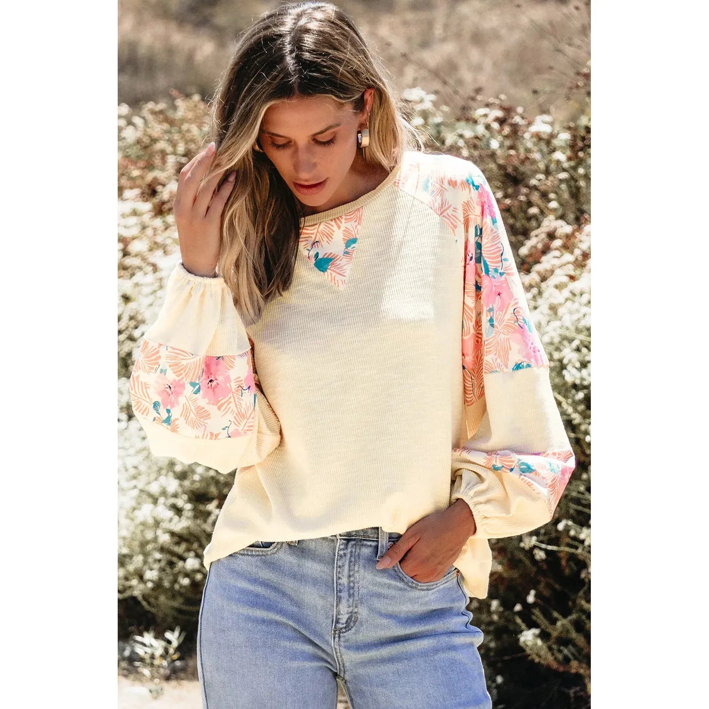 Printed Round Neck Balloon Sleeve Blouse