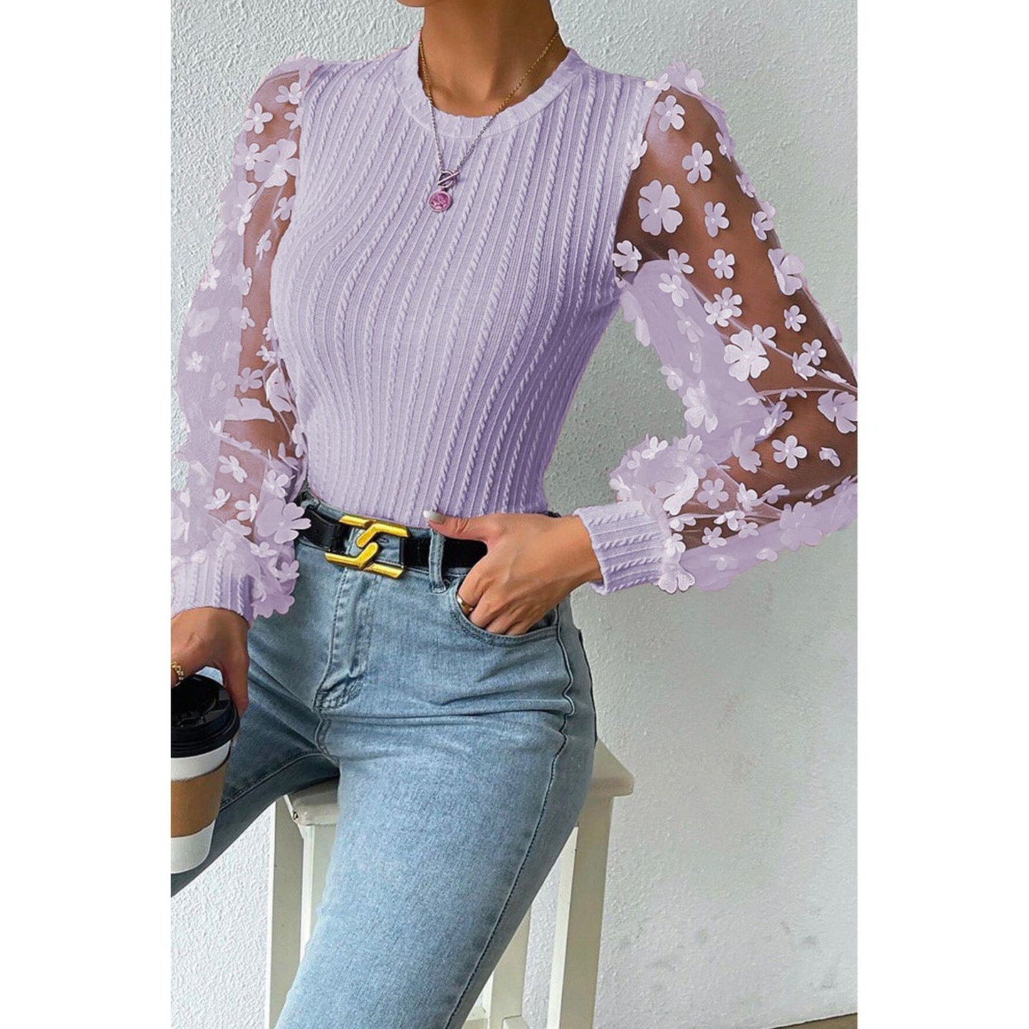 Double Take Textured Applique Long Sleeve Blouse