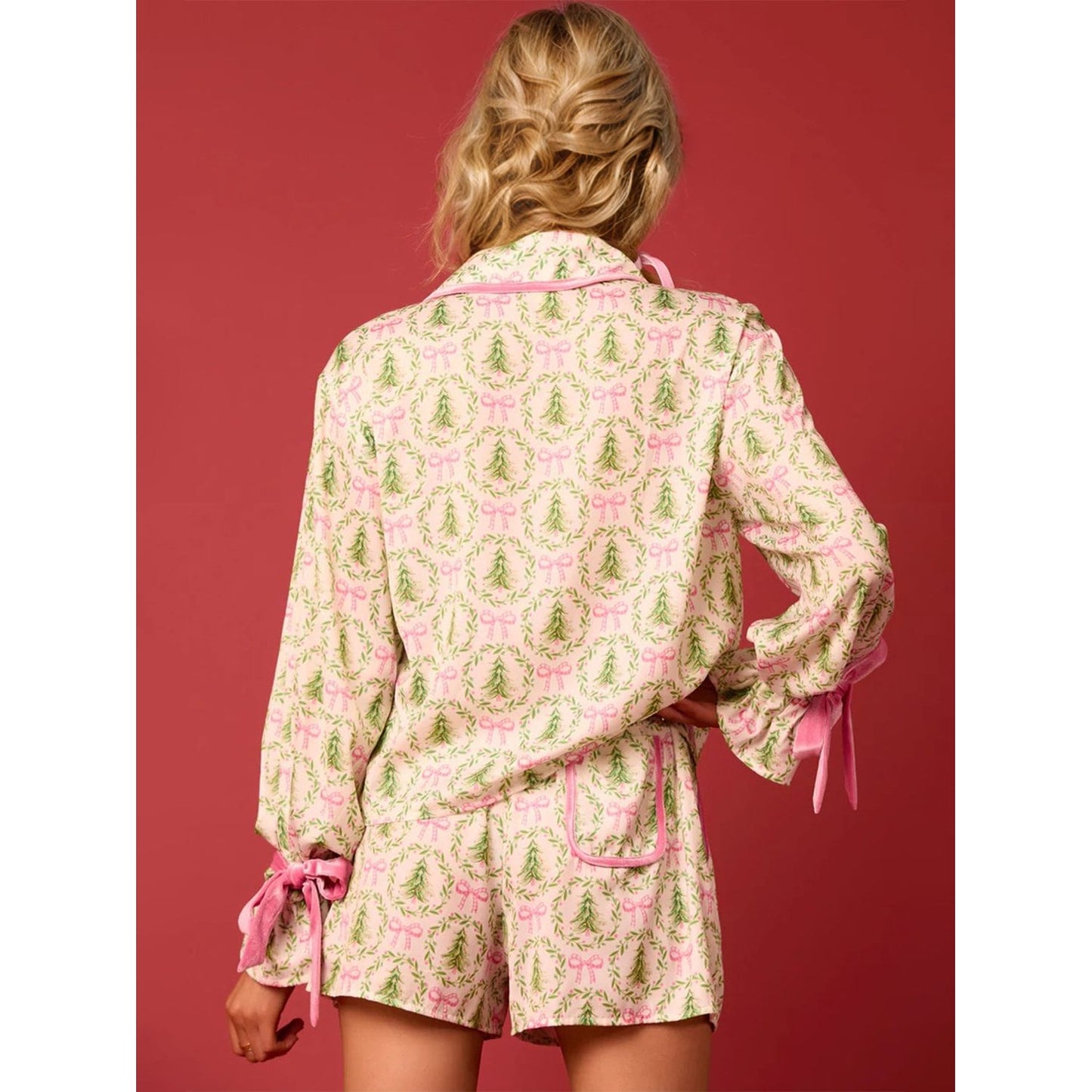 Tied Printed Collared Neck Long Sleeve Top and Shorts Set