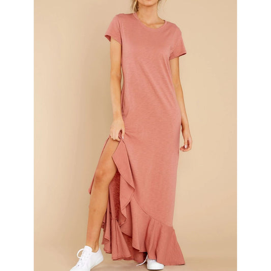 Slit Round Neck Short Sleeve Maxi Dress