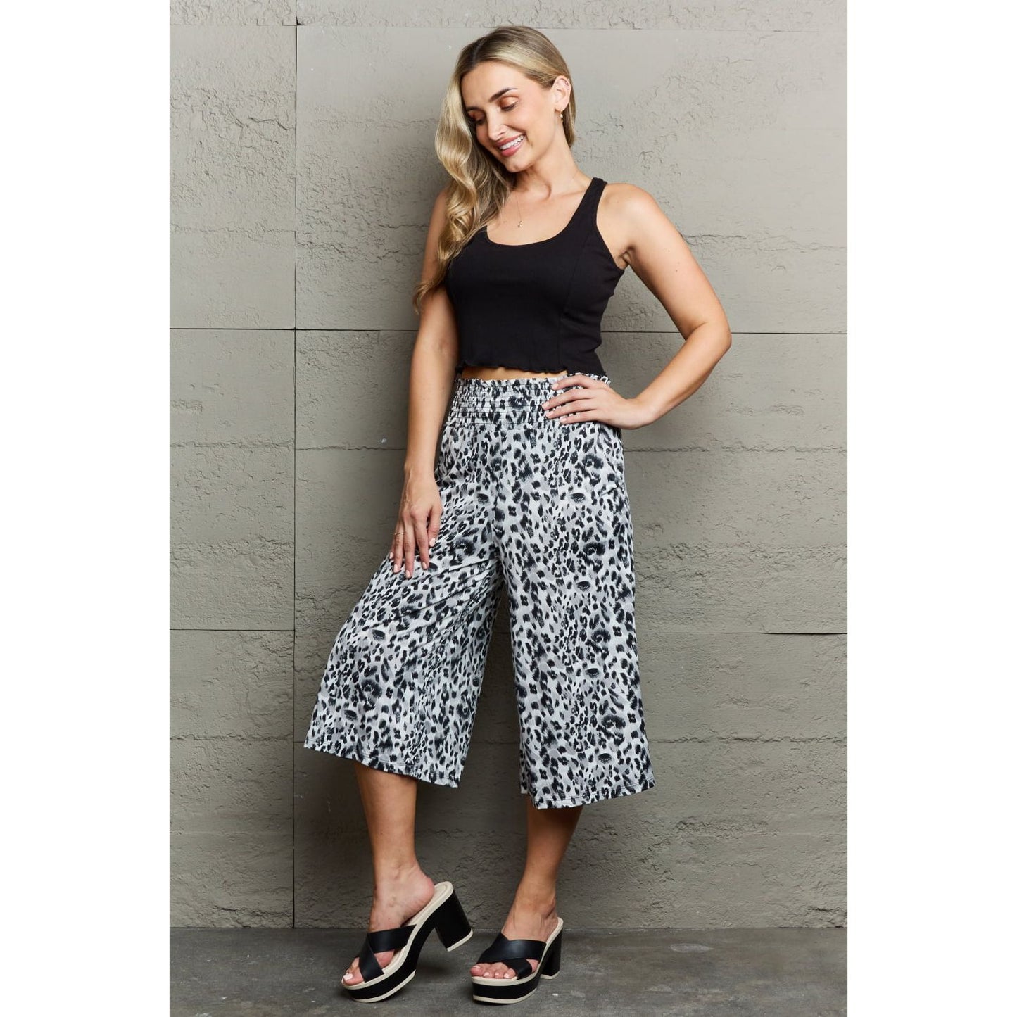 Ninexis Leopard High Waist Flowy Wide Leg Pants with Pockets