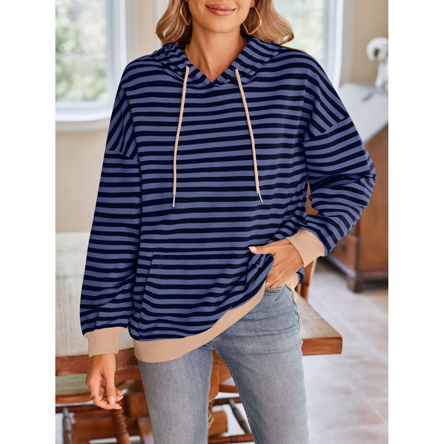 Lovelet Drawstring Striped Long Sleeve Hoodie