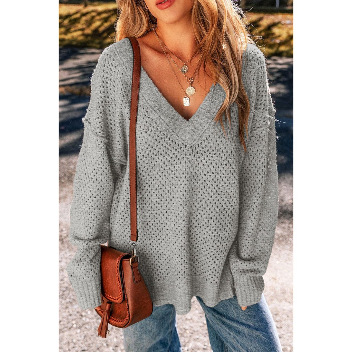 Openwork V-Neck Dropped Shoulder Sweater