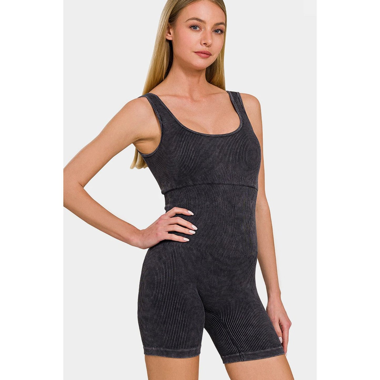 Zenana Washed Ribbed Romper with Pad