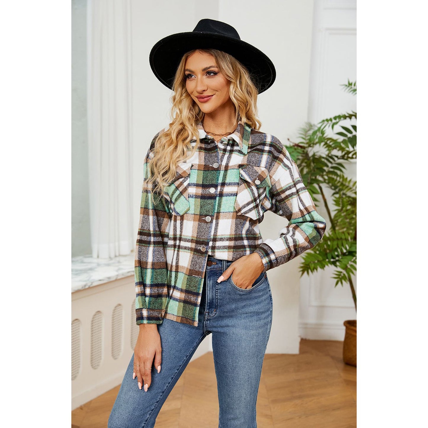 Button Down Collared Plaid Shacket