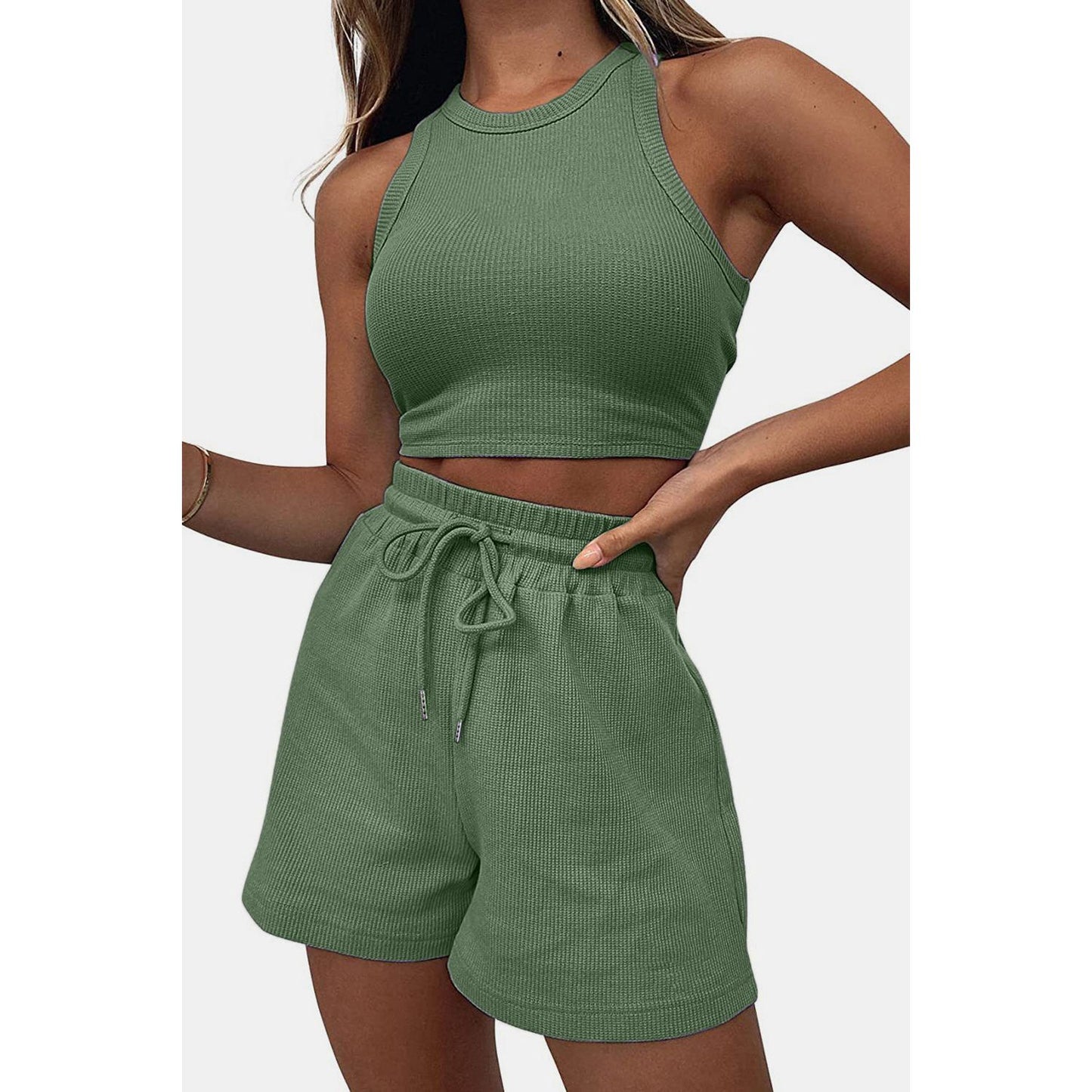 Round Neck Top and Drawstring Shorts Set