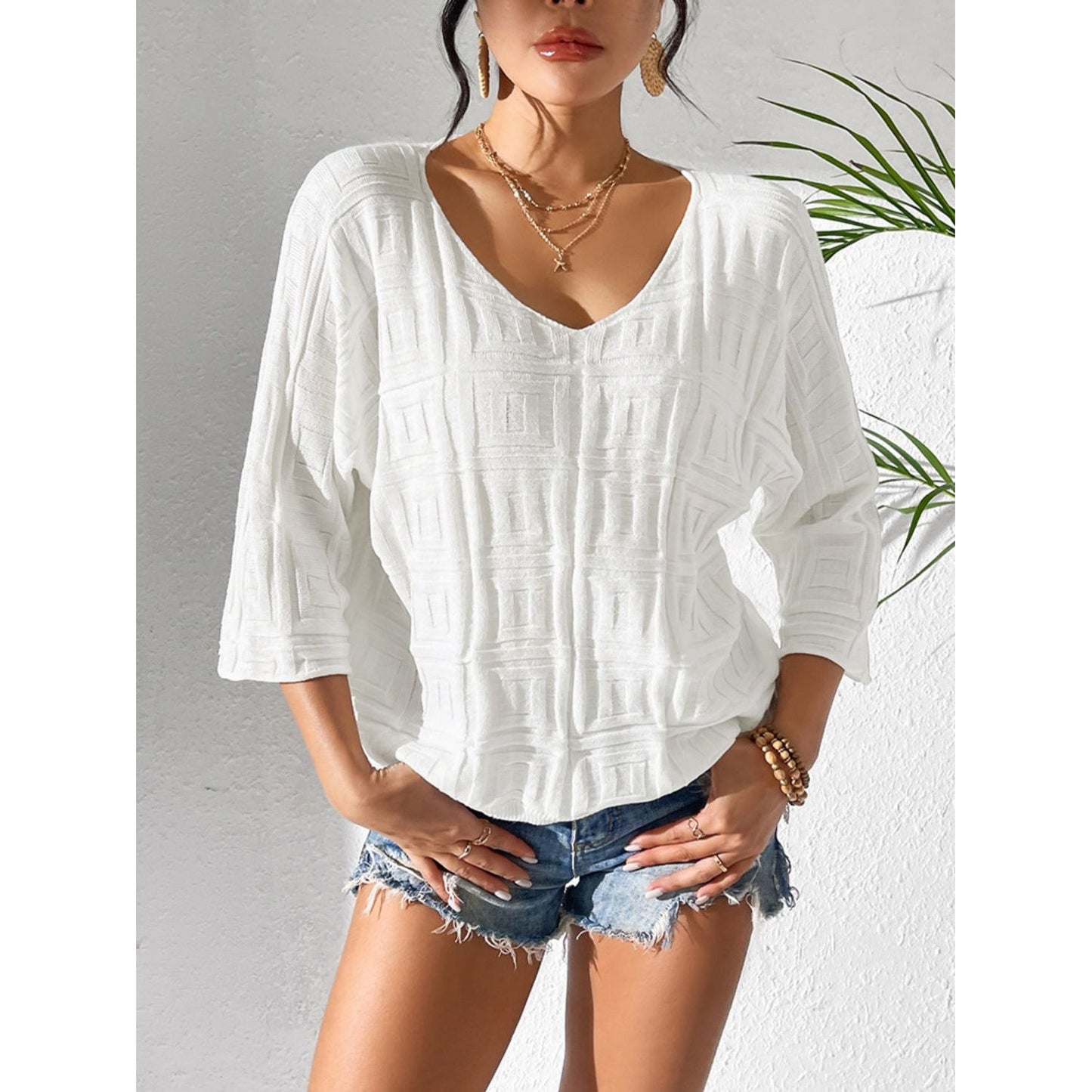 V-Neck Three-Quarter Sleeve Knit Top