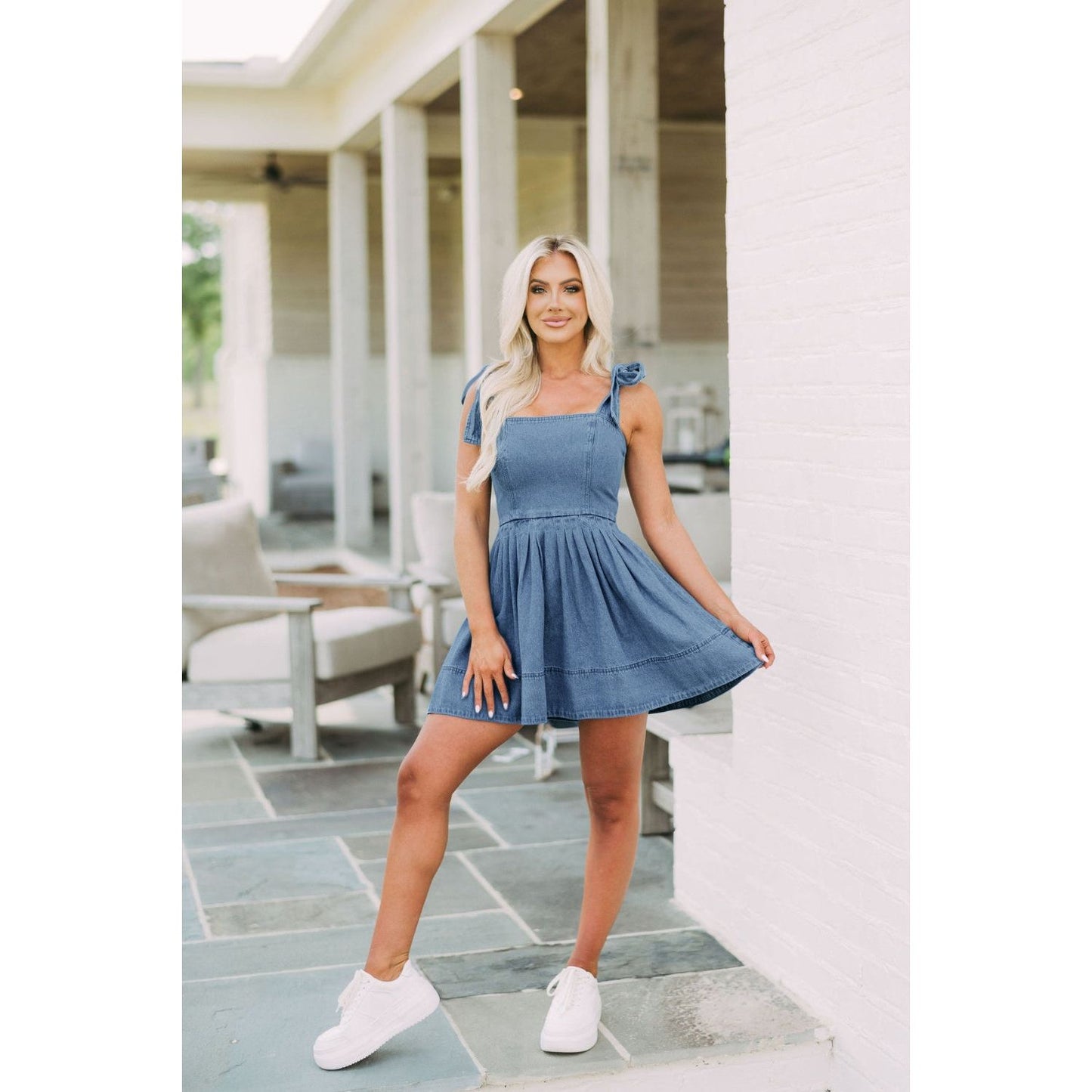 Square Neck Tie Shoulder Denim Dress