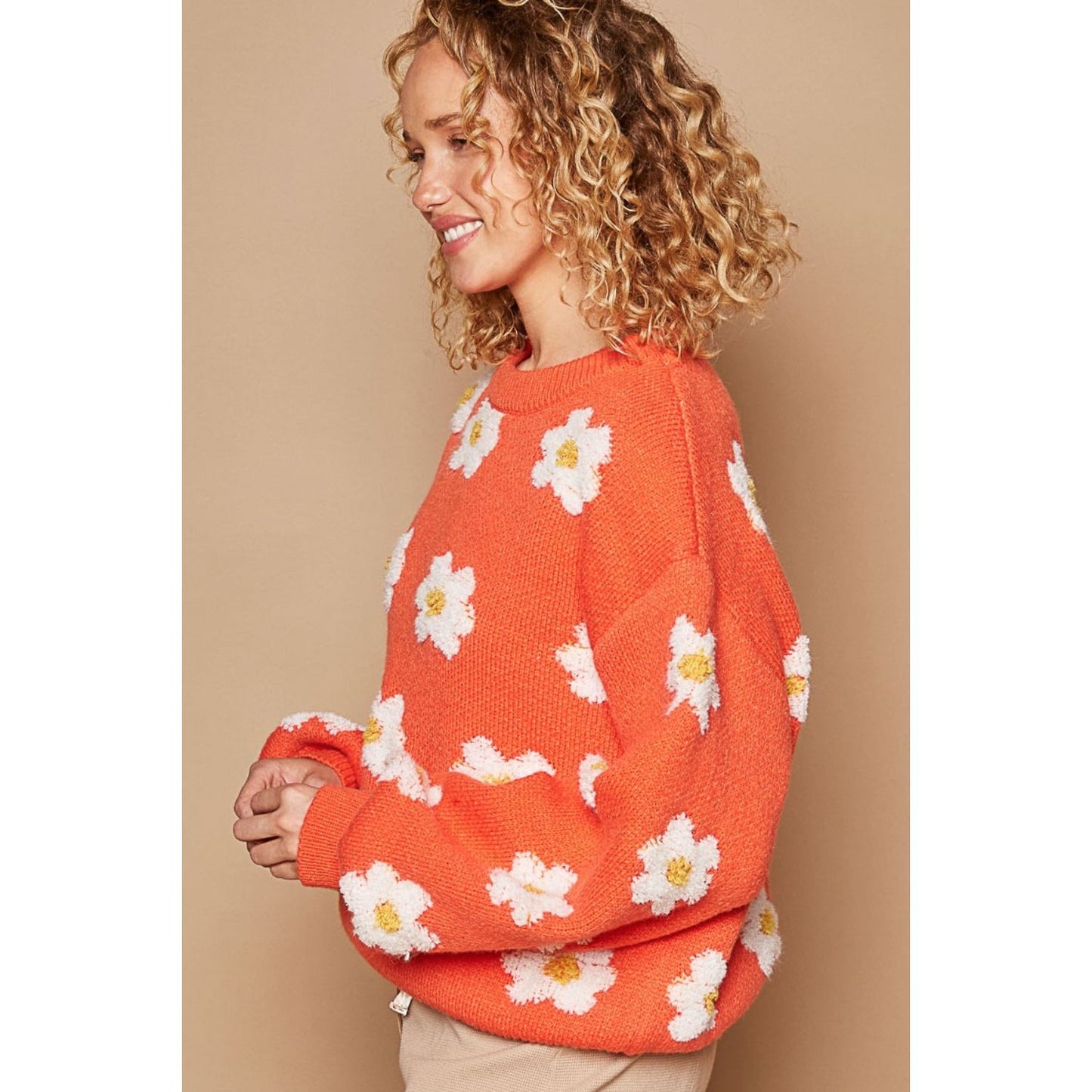 POL Daisy Pattern Drop Shoulder Sweater