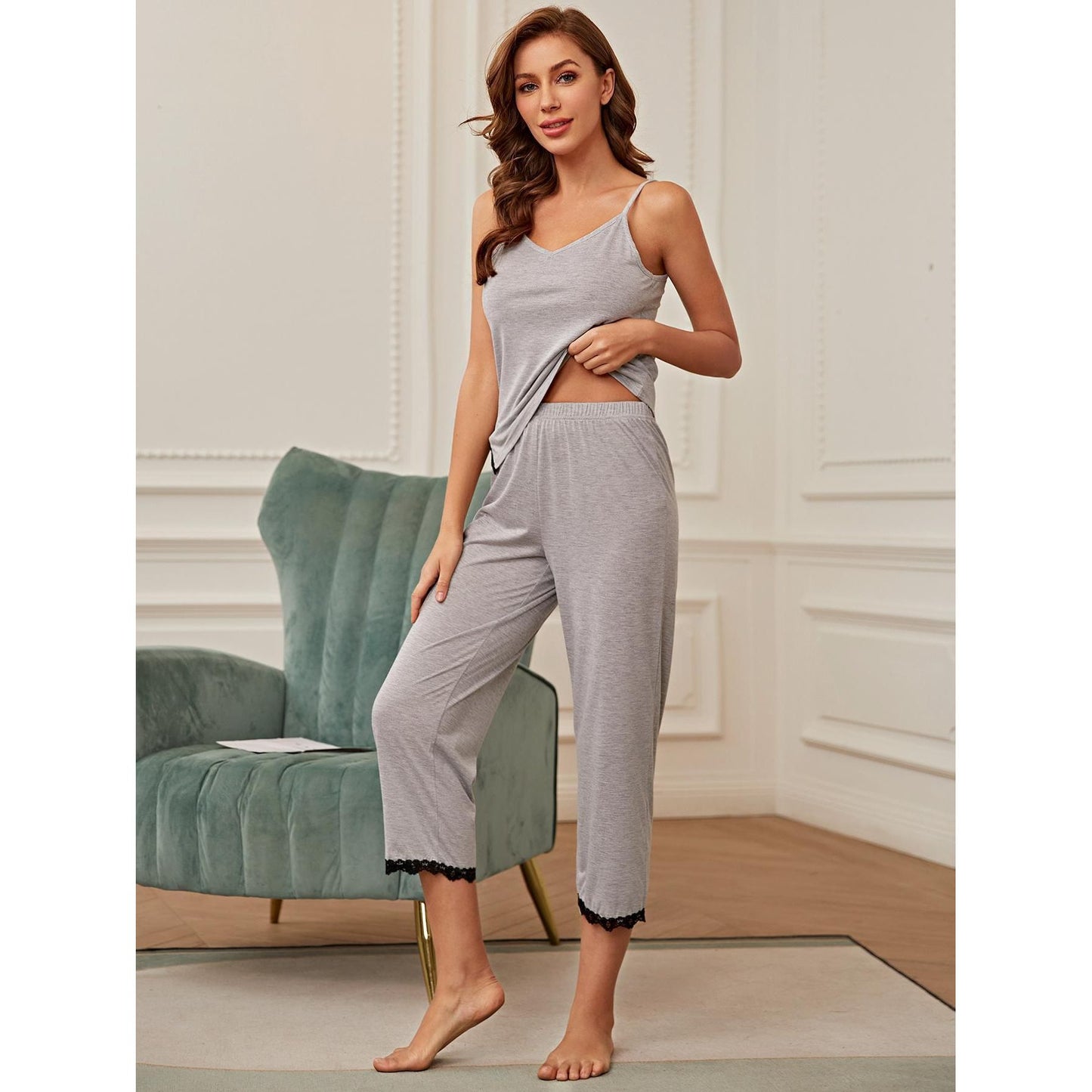 V-Neck Lace Trim Slit Cami and Pants Pajama Set