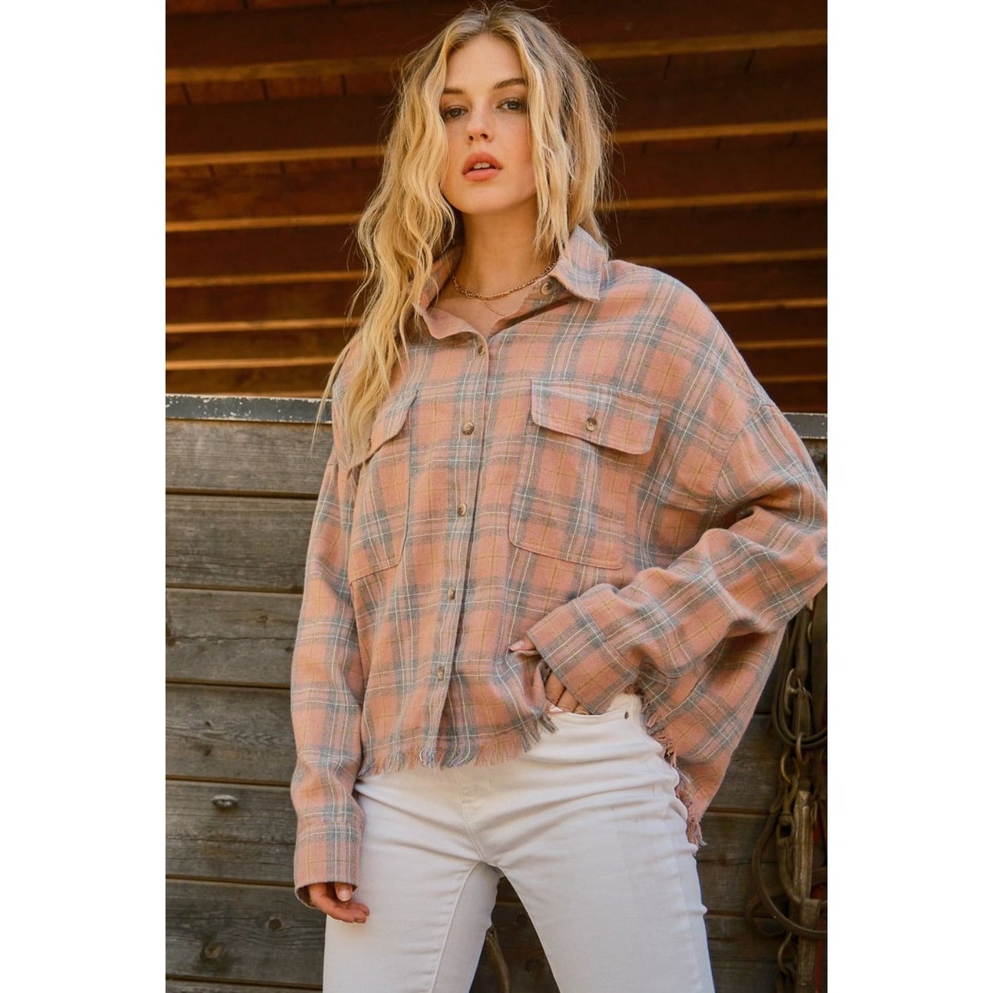 And The Why Full Size Plaid Button Up Raw Hem Shirt