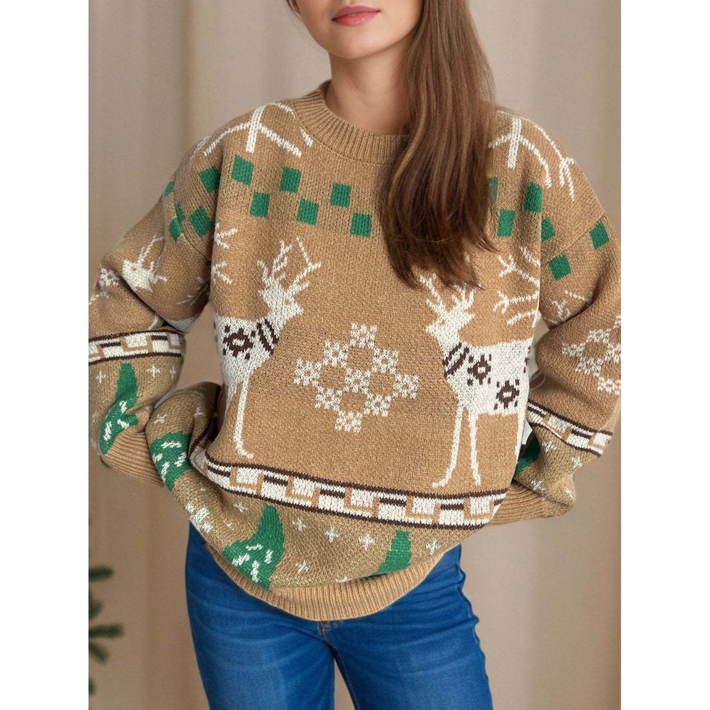 Christmas Element Round Neck Long Sleeve Sweater