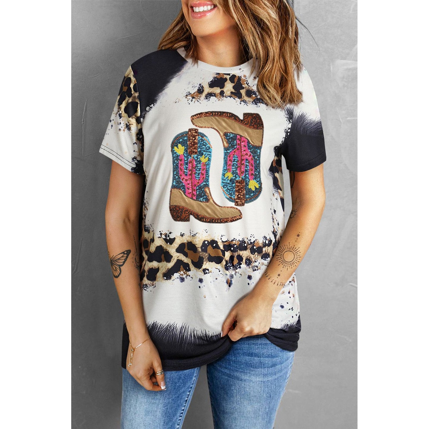 Sequin Boots Leopard Round Neck Short Sleeve T-Shirt