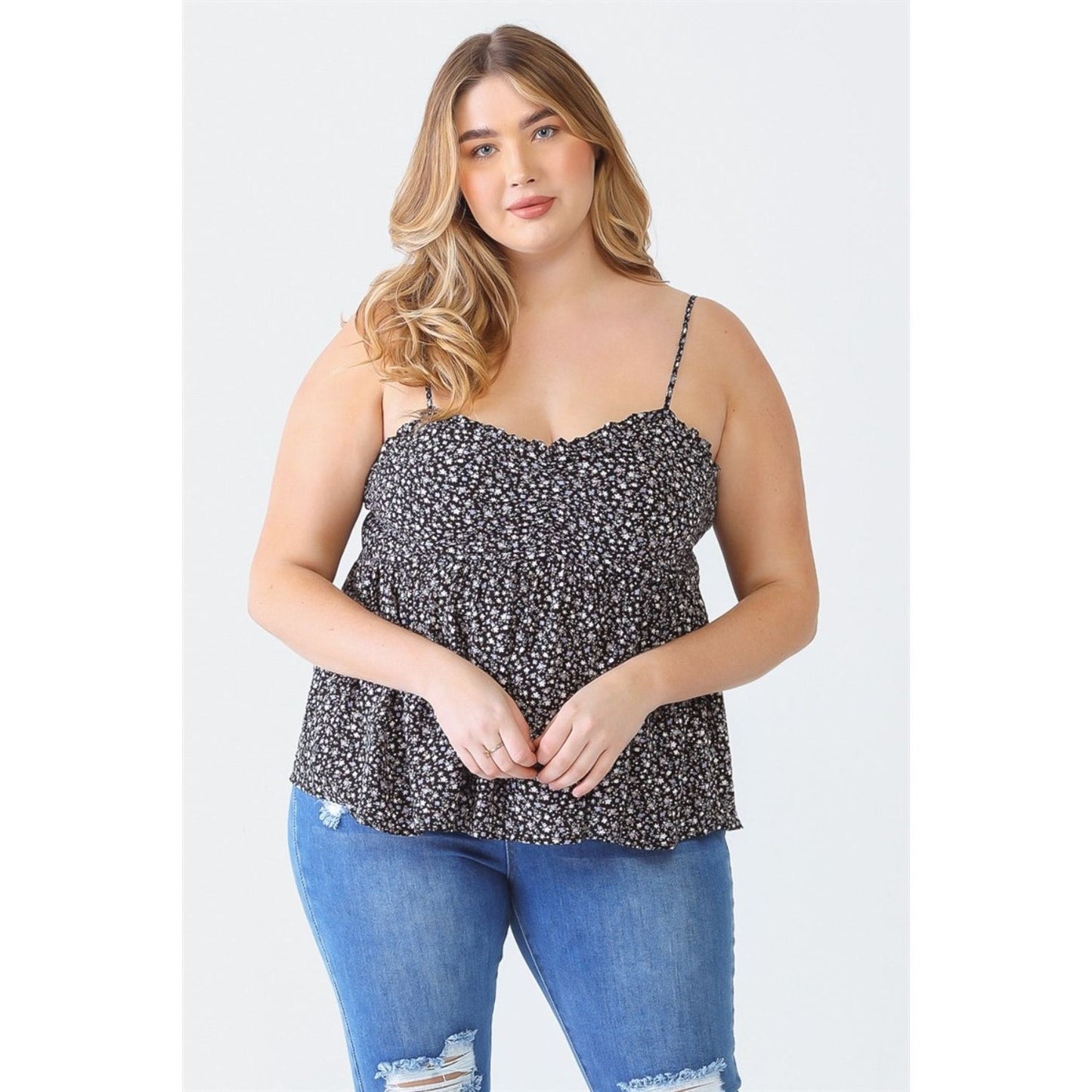 Zenobia Plus Size Frill Smocked Floral Sweetheart Neck Cami