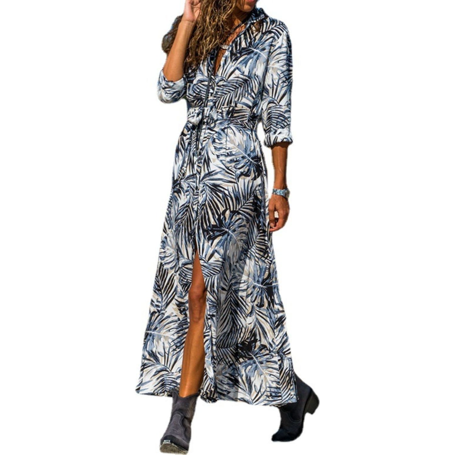 Botanical Print Maxi Shirt Dress