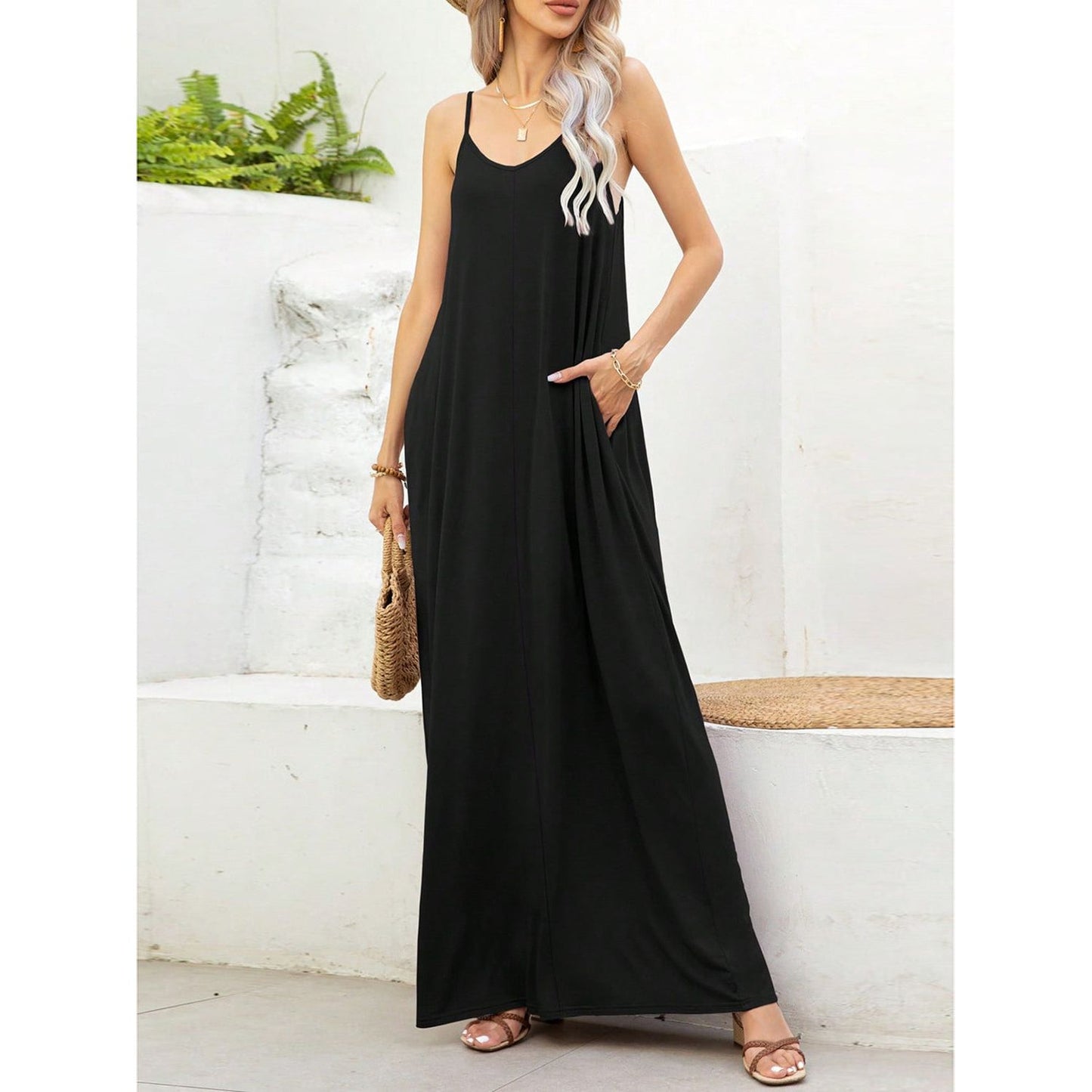 V-Neck Maxi Cami Dress with Pockets