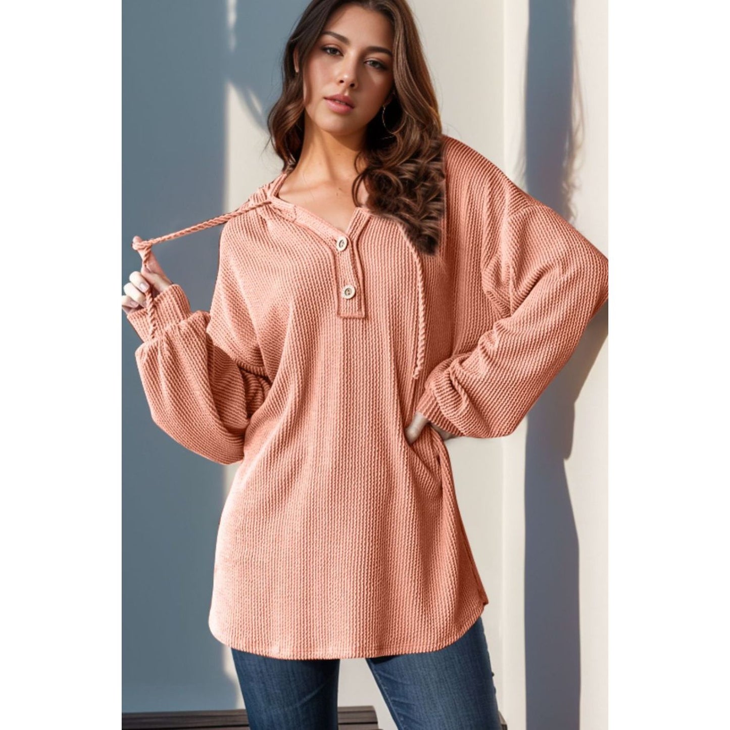 Double Take Full Size Half Button Long Sleeve Hoodie