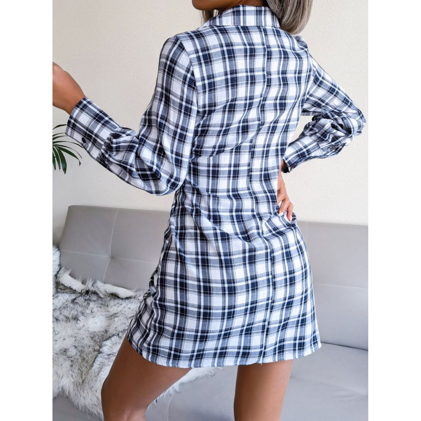 Tied Plaid Long Sleeve Mini Shirt Dress