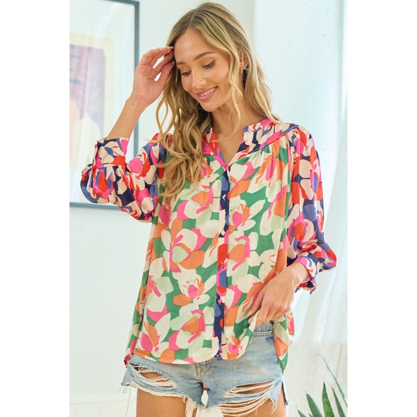 First Love Full Size Floral Button Down Satin Shirt