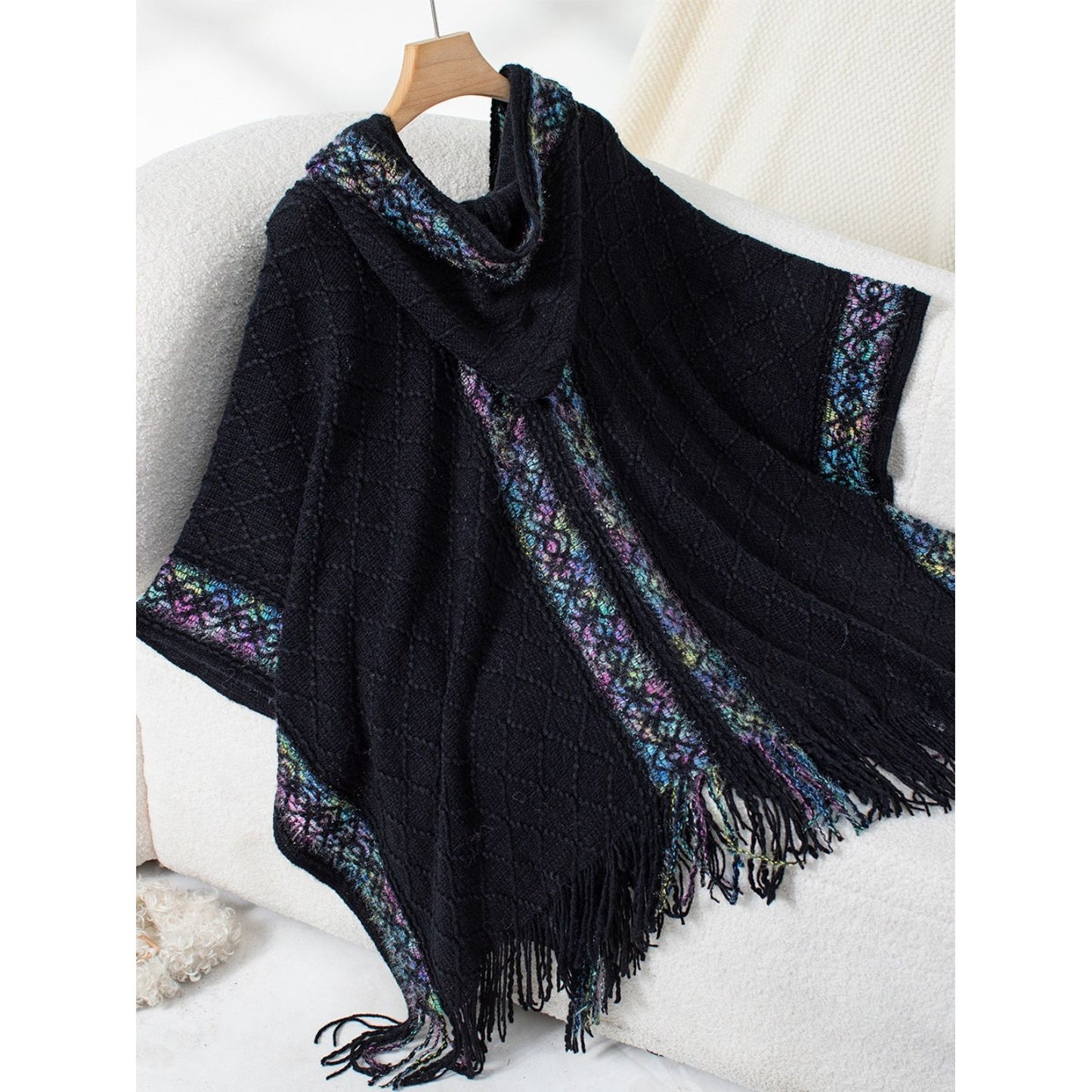 Fringe Half Sleeve Hooded Poncho