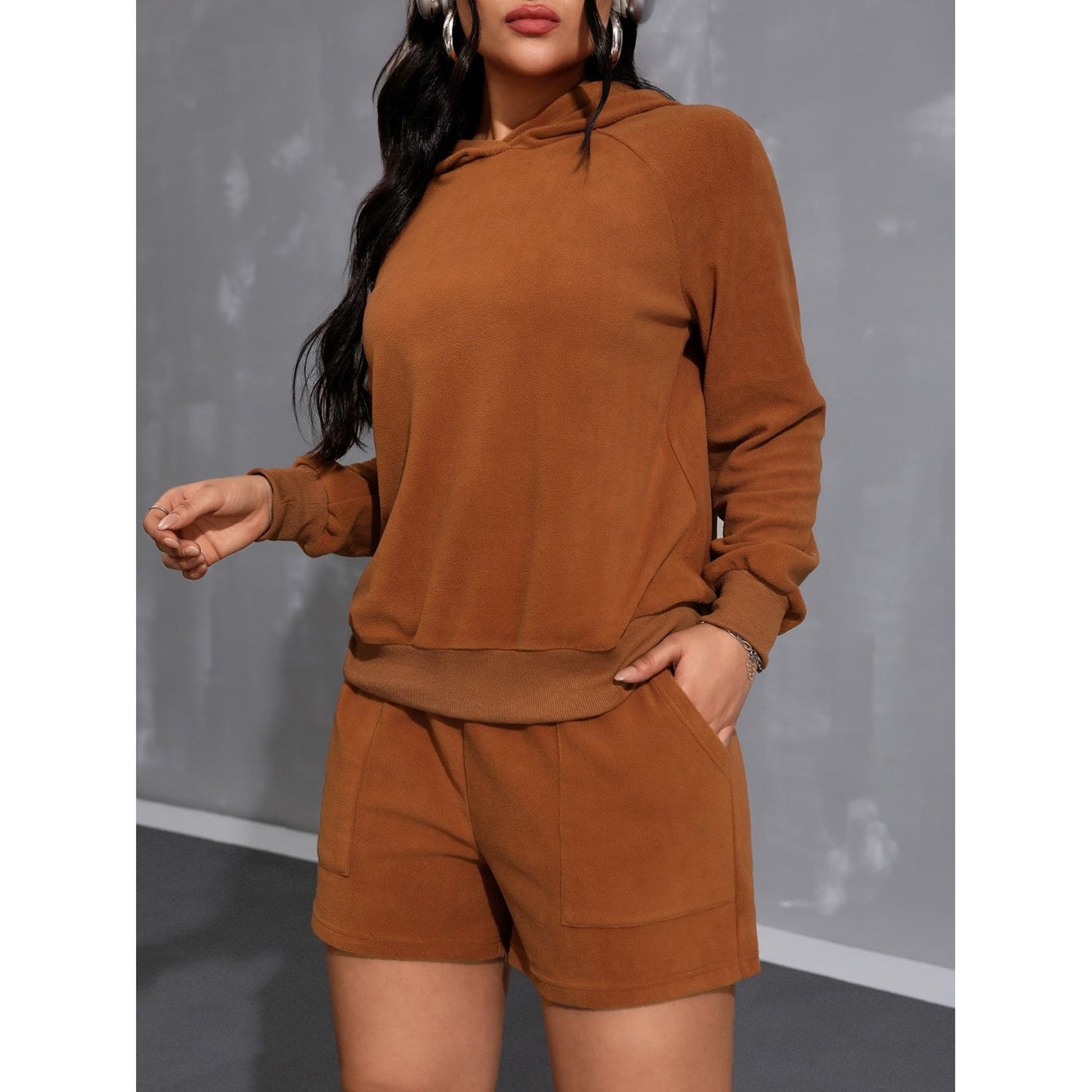 Long Sleeve Hoodie and Pocketed Shorts Set