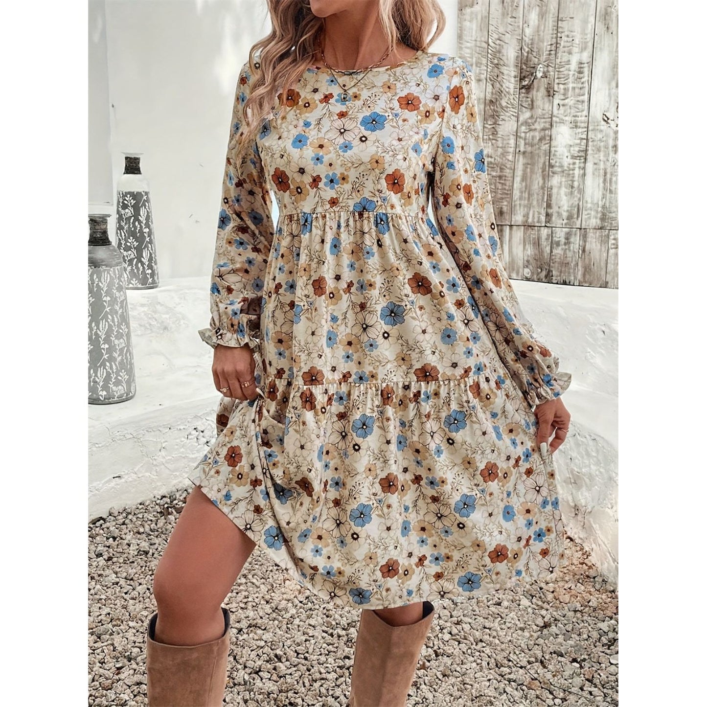 Ruffled Printed Round Neck Long Sleeve Dress