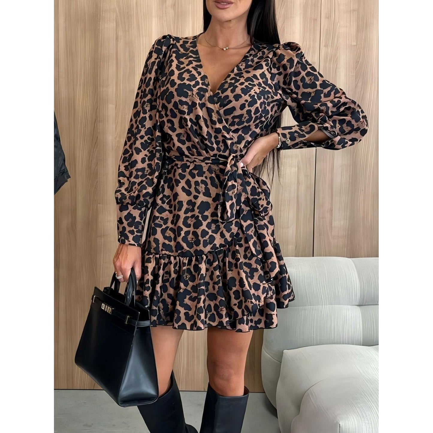 Tied Leopard Surplice Long Sleeve Dress