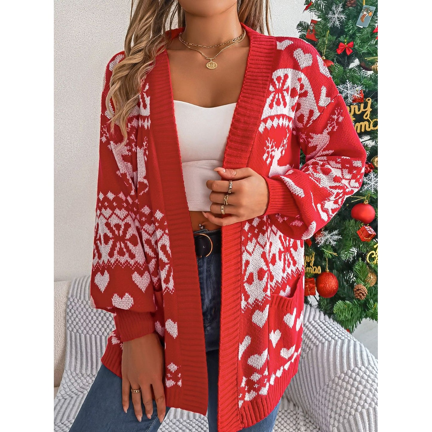 Pocketed Open Front Long Sleeve Cardigan