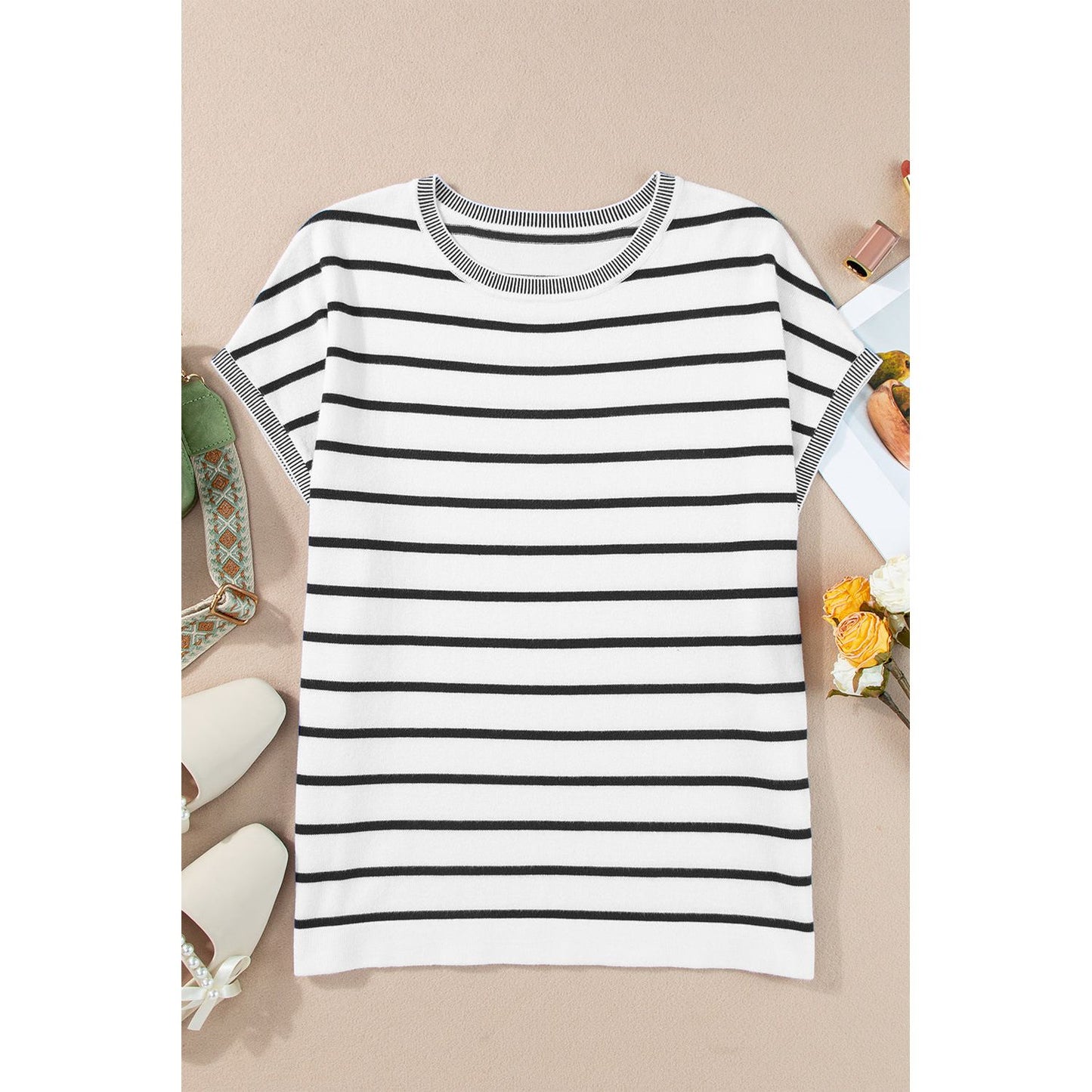 Striped Round Neck Cap Sleeve Knit Top