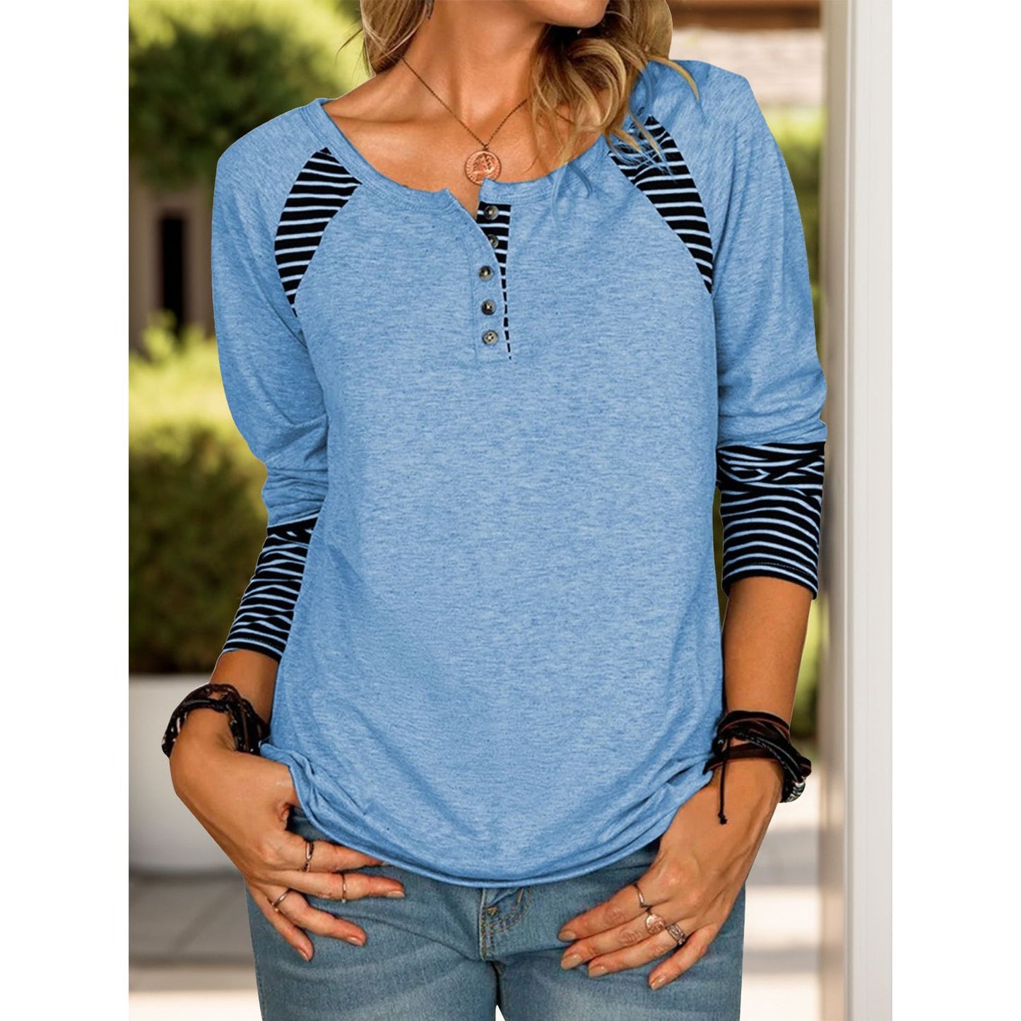 Full Size Striped Quarter Button Long Sleeve T-Shirt