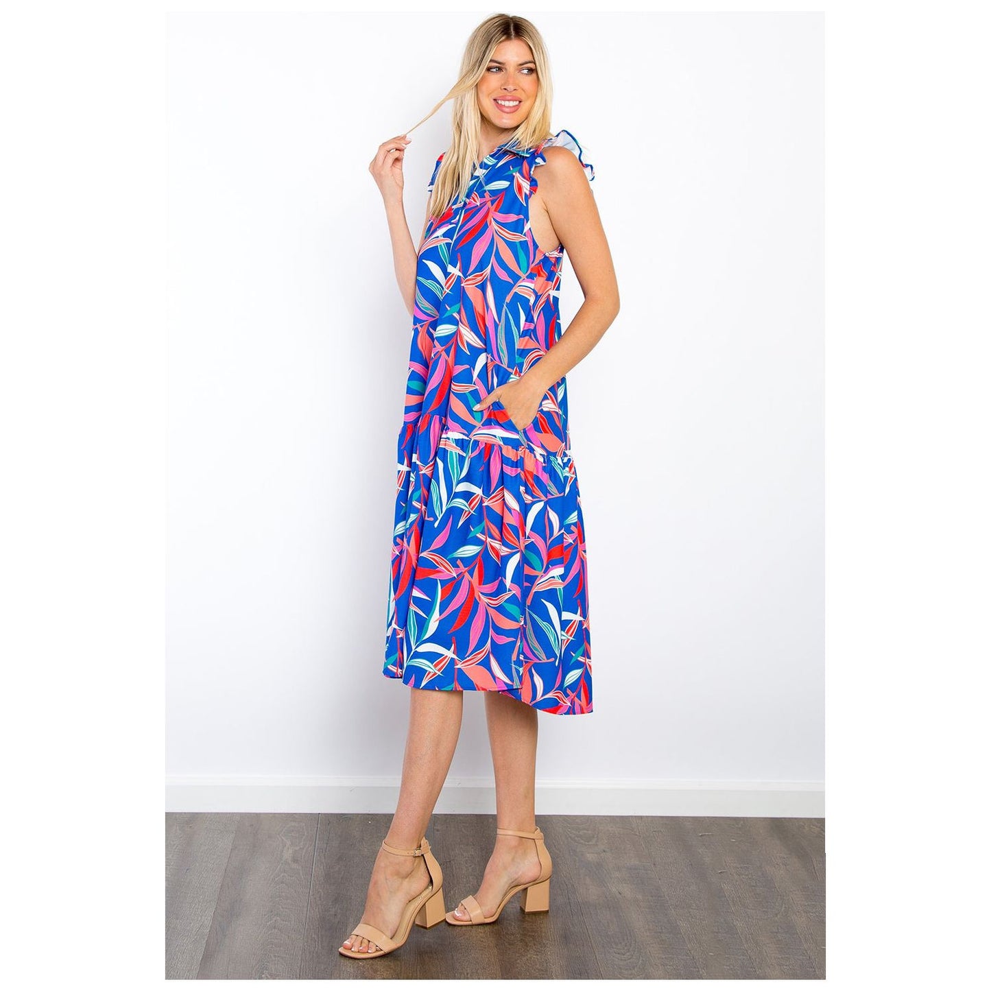 Be Stage Print Ruffled Midi Dress with Pockets