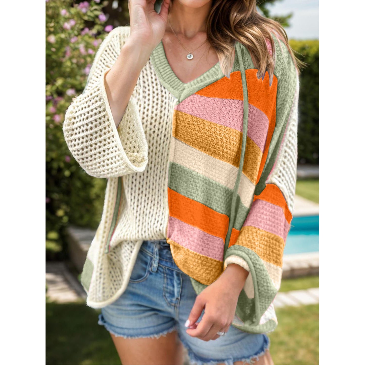 Openwork Color Block Hooded Sweater