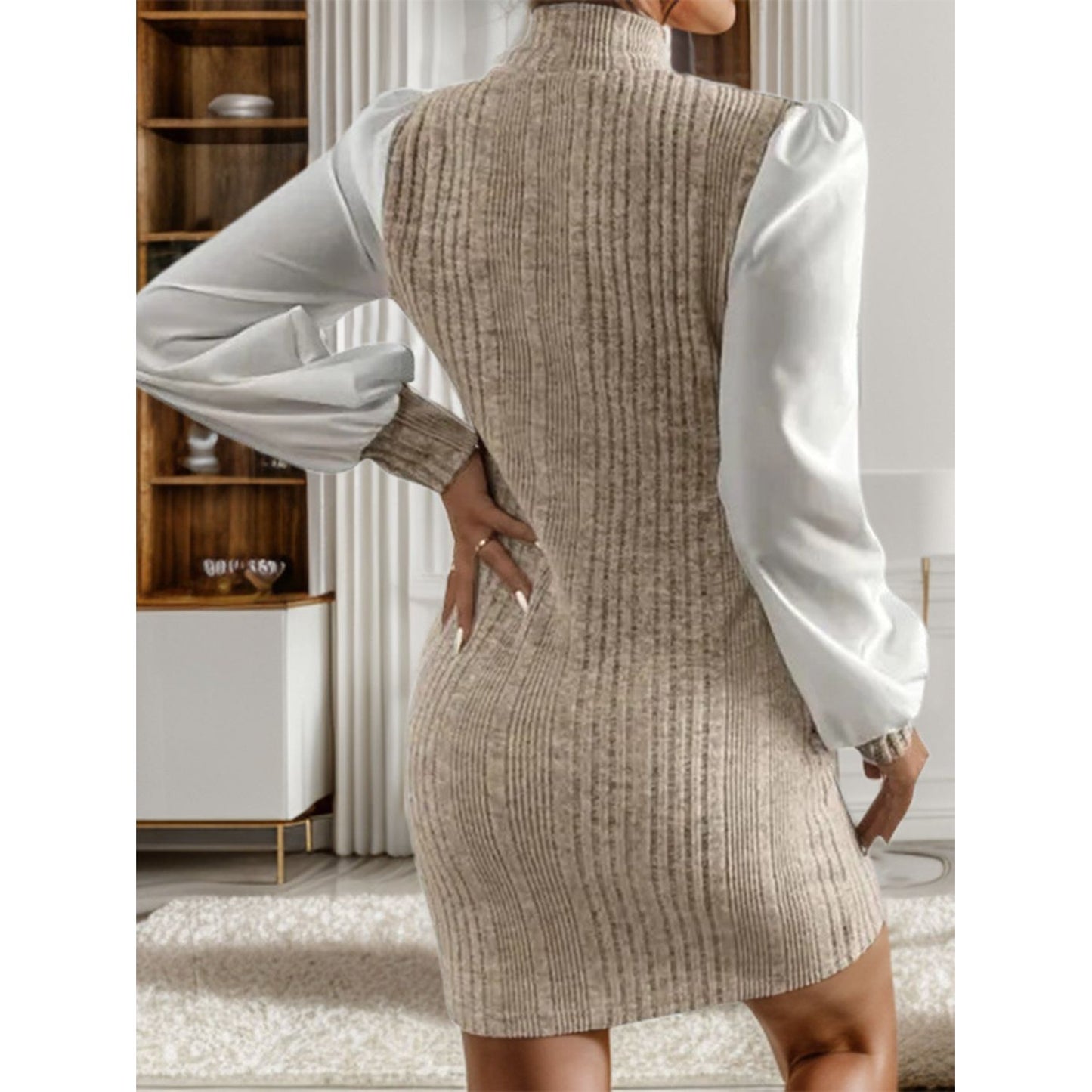 Ribbed Contrast Long Sleeve Sweater Dress